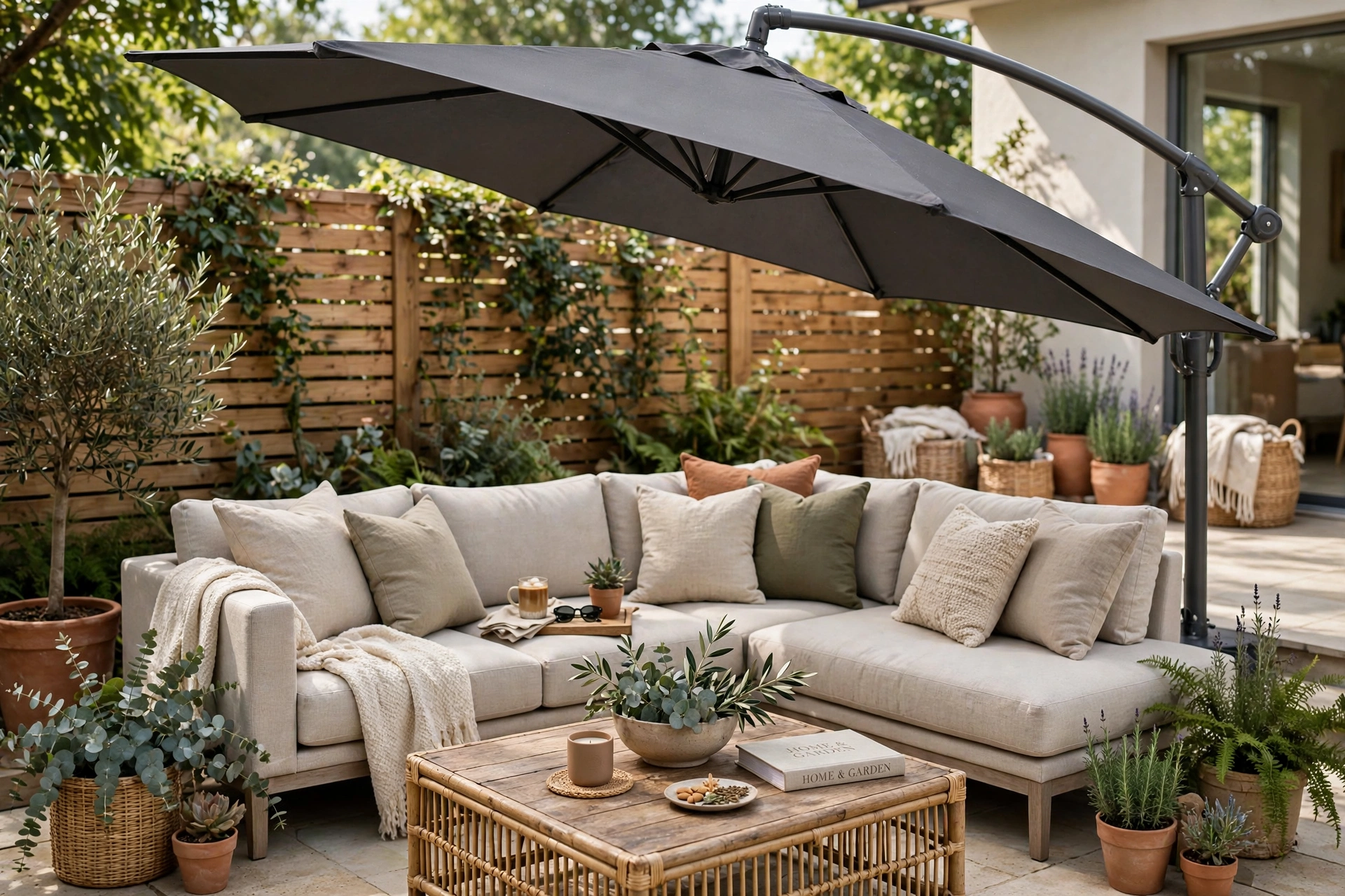 Cantilever offset umbrella shading a patio lounge sectional