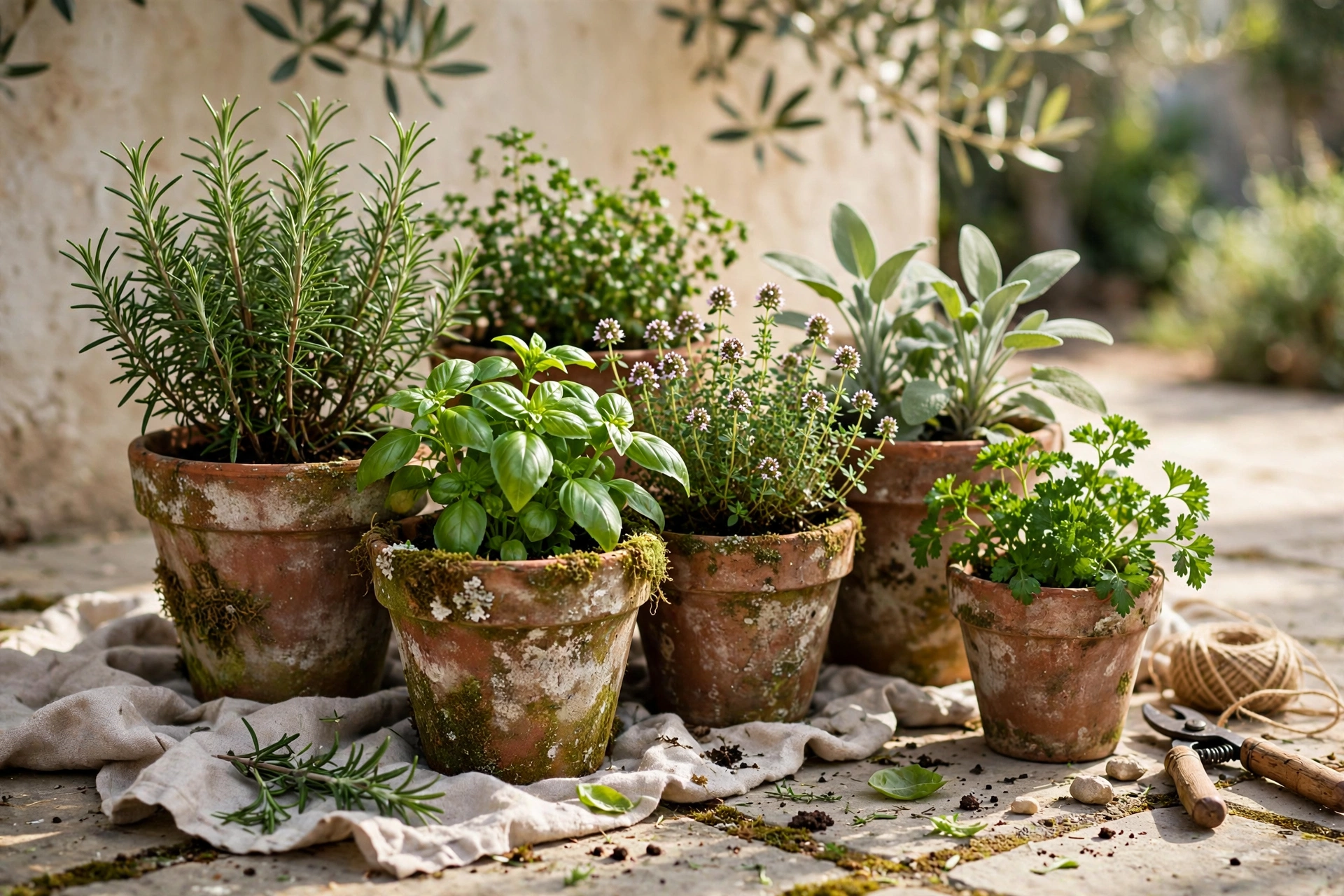 Cluster of weathered terracotta pots with herbs on a patio