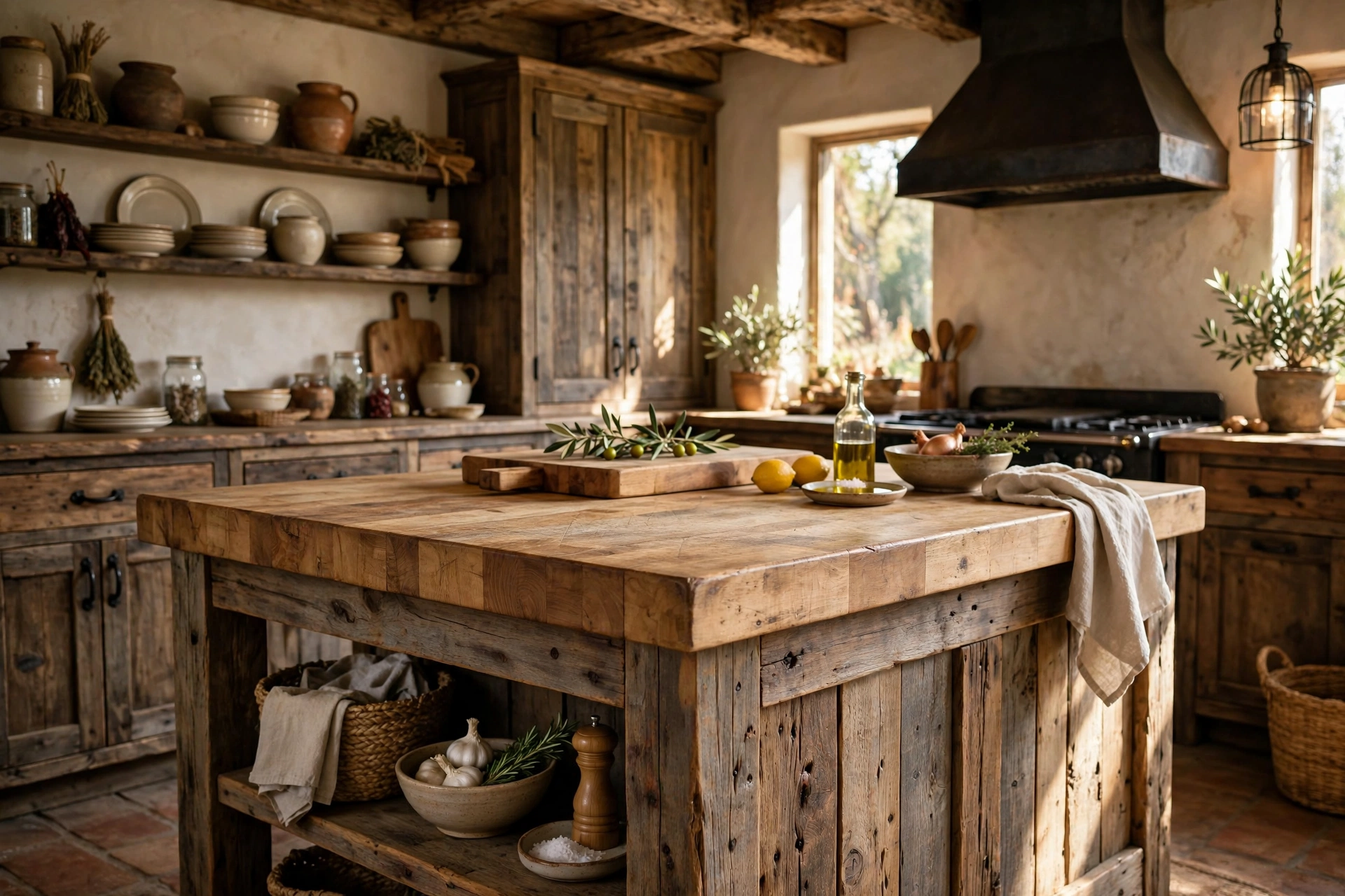 Reclaimed wood kitchen island with thick butcher block top in a rustic kitchen
