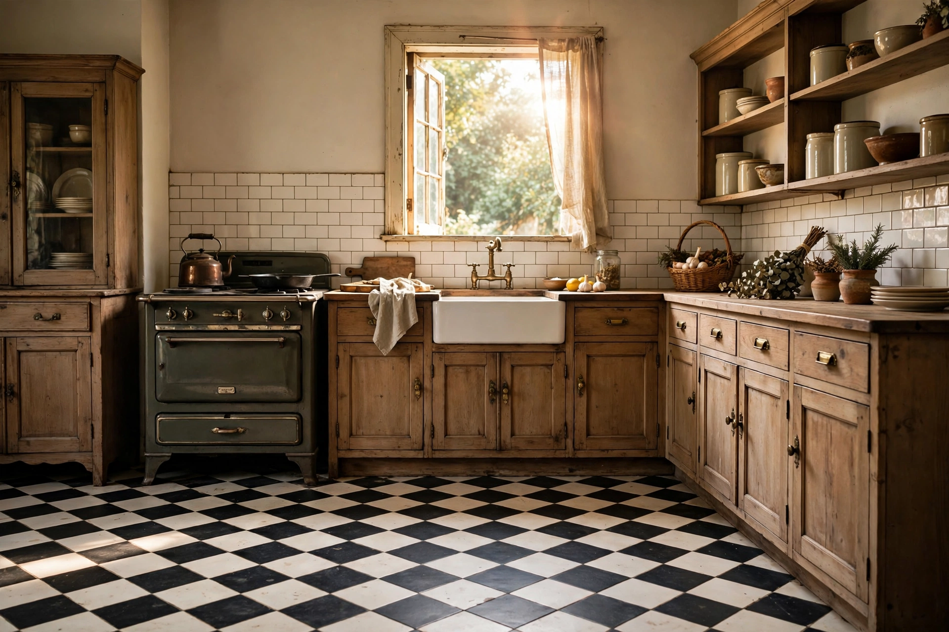 Black and white checkerboard tile floor in a vintage kitchen