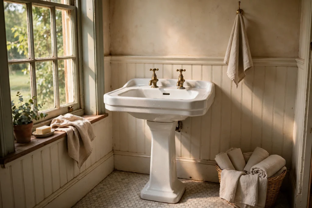 Porcelain pedestal sink with crosshead taps in a vintage bathroom