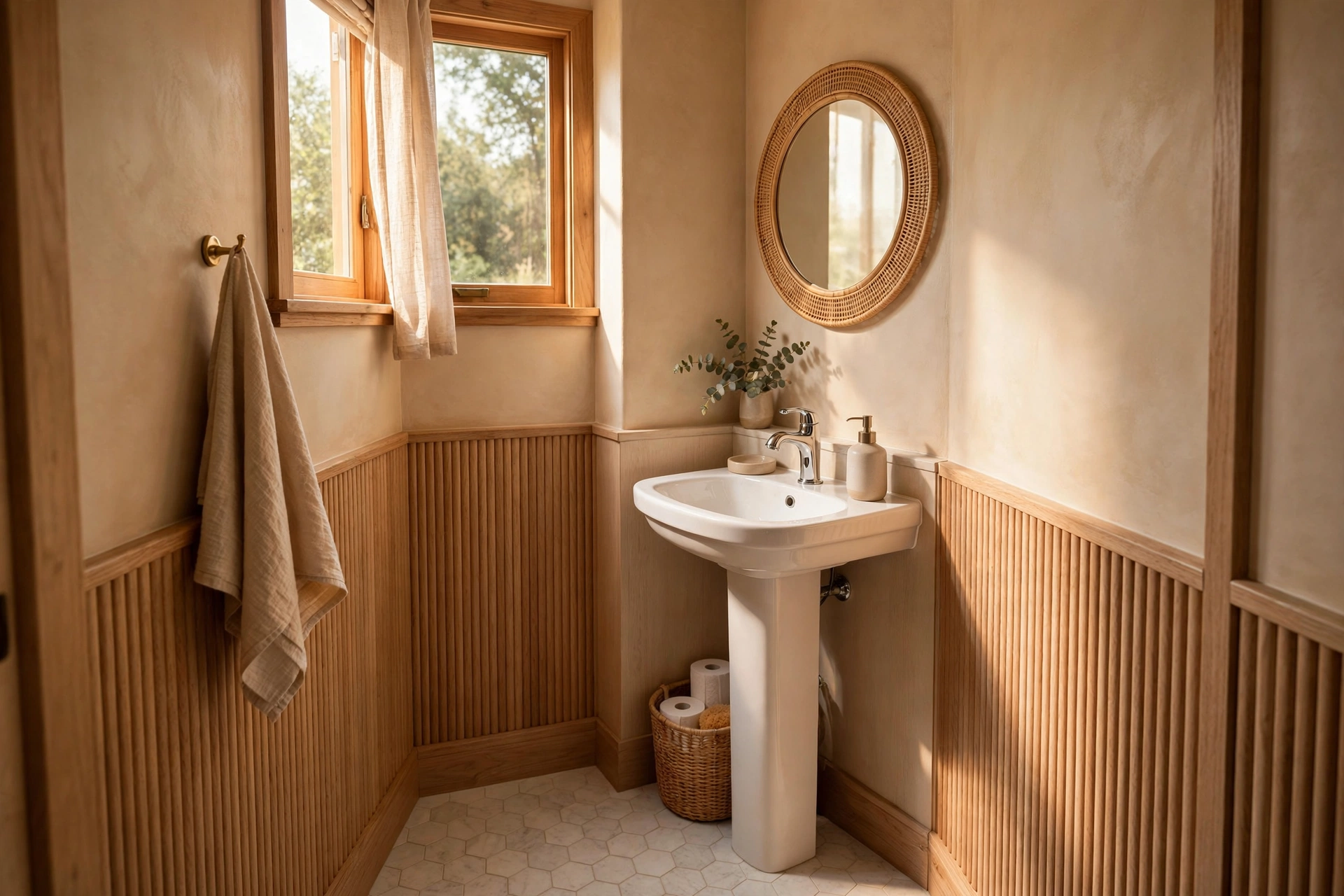 Space saving pedestal sink in a compact powder room