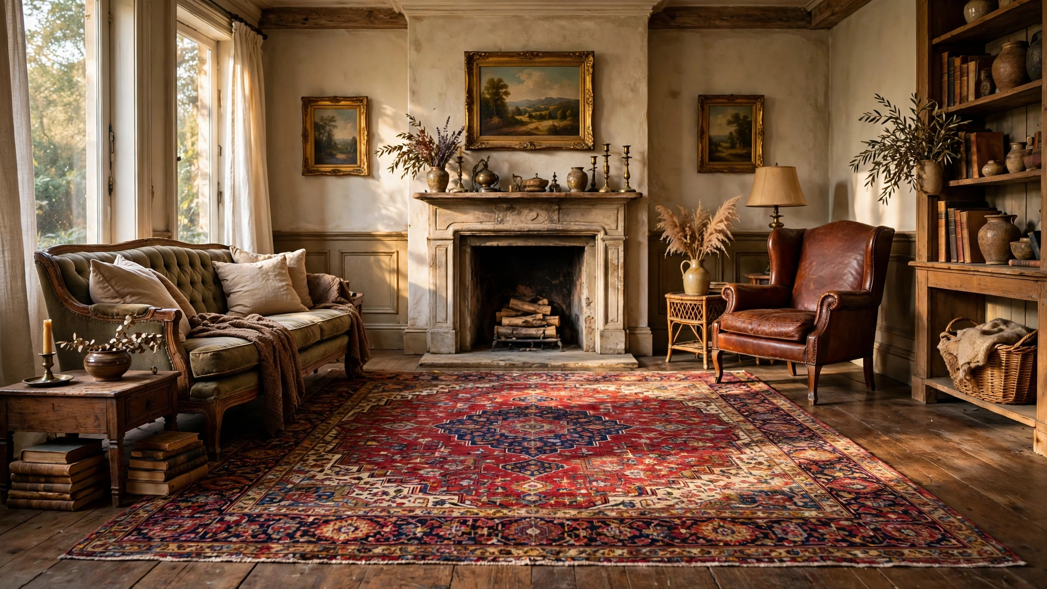 Antique Persian rug anchoring a vintage living room
