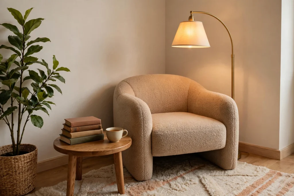 Cozy reading nook in an empty corner with armchair, floor lamp and small side table