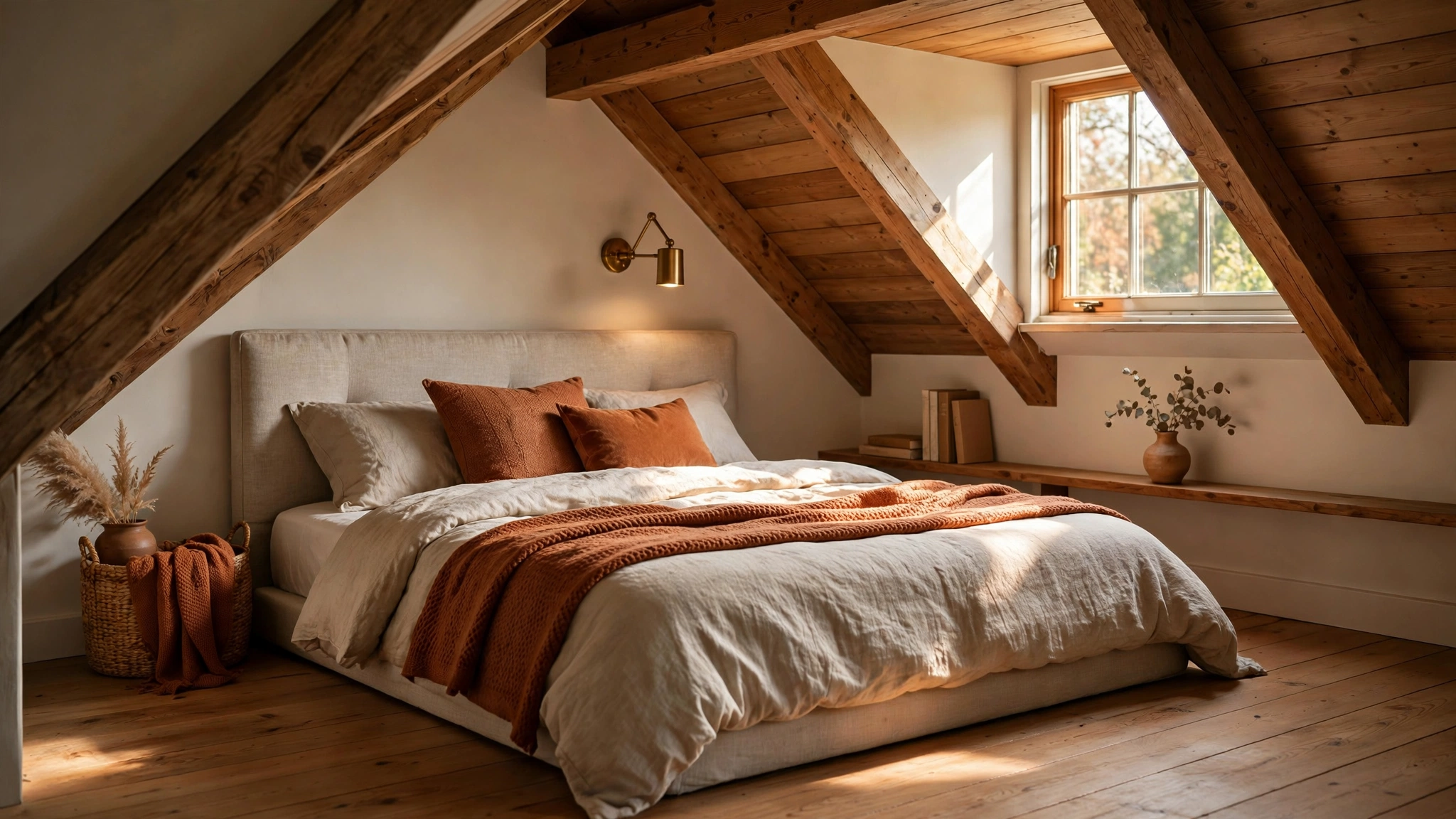 Attic bedroom design idea with a low platform bed tucked under the sloped eave
