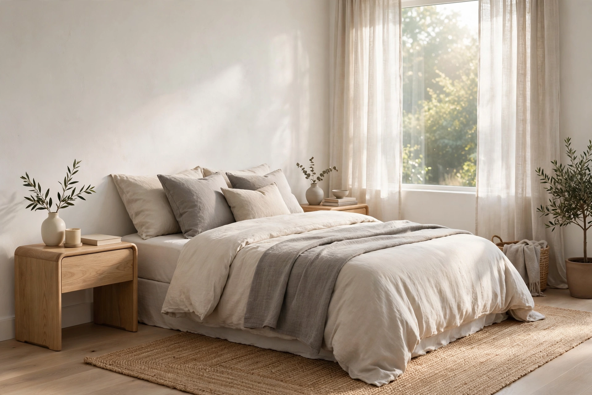 Calm neutral guest bedroom design ideas with soft beige walls and gentle gray bedding