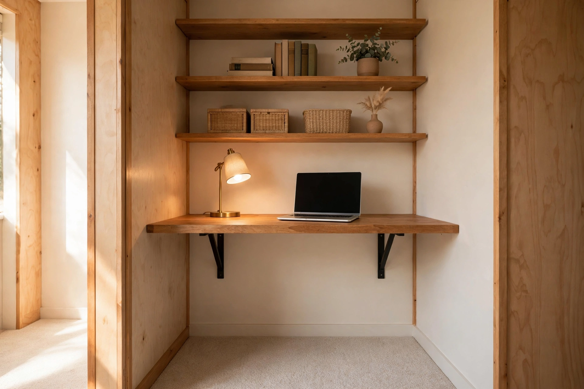 Floating wall-mounted desk top inside a small closet office with clear floor space below