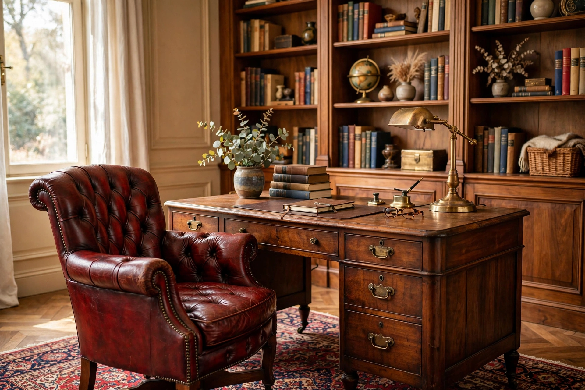 Oxblood tufted leather Chesterfield desk chair in a vintage home office