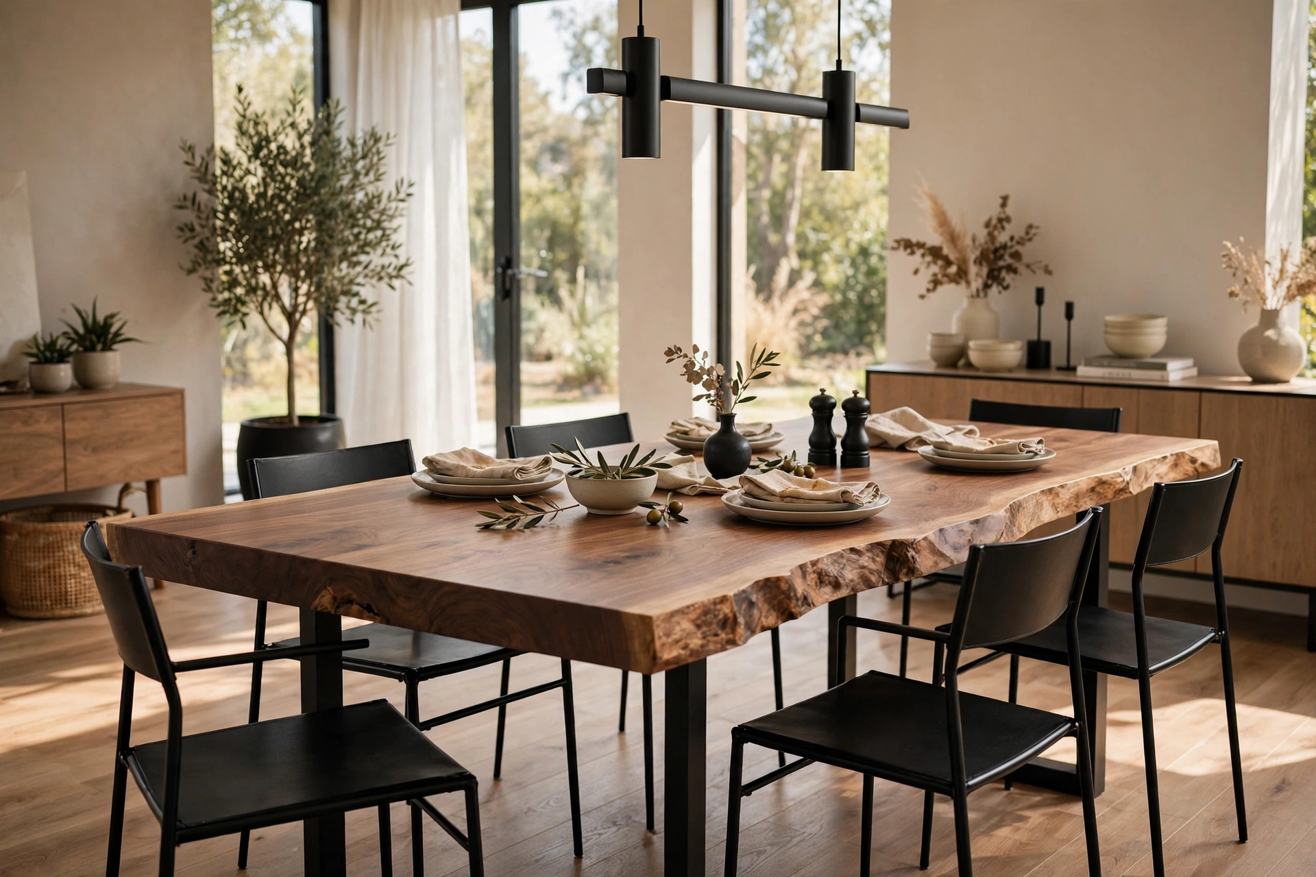 Modern dining room with a live-edge walnut dining table and slim black chairs