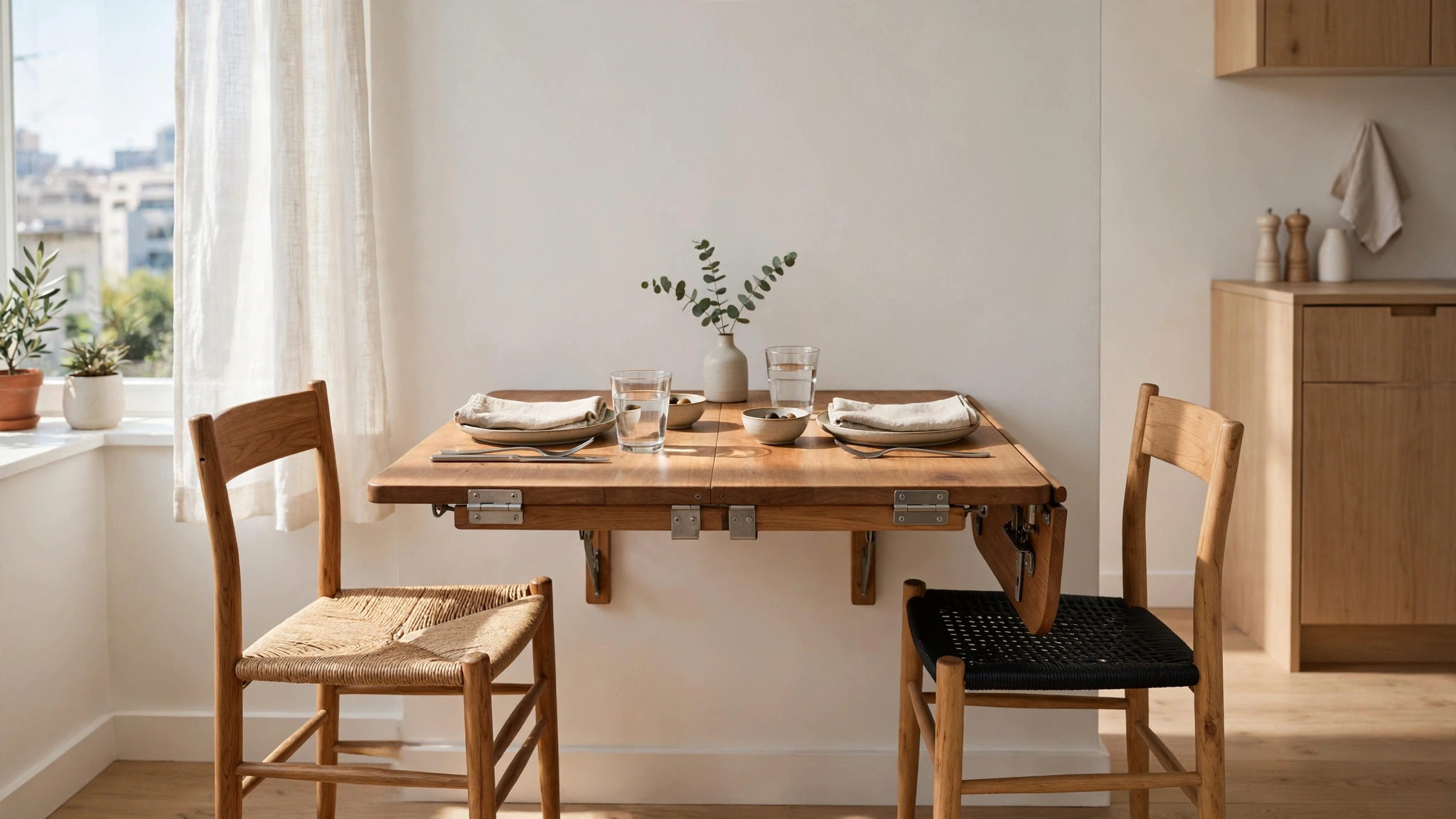 Wall-mounted drop-leaf dining table folded down for two in a small apartment