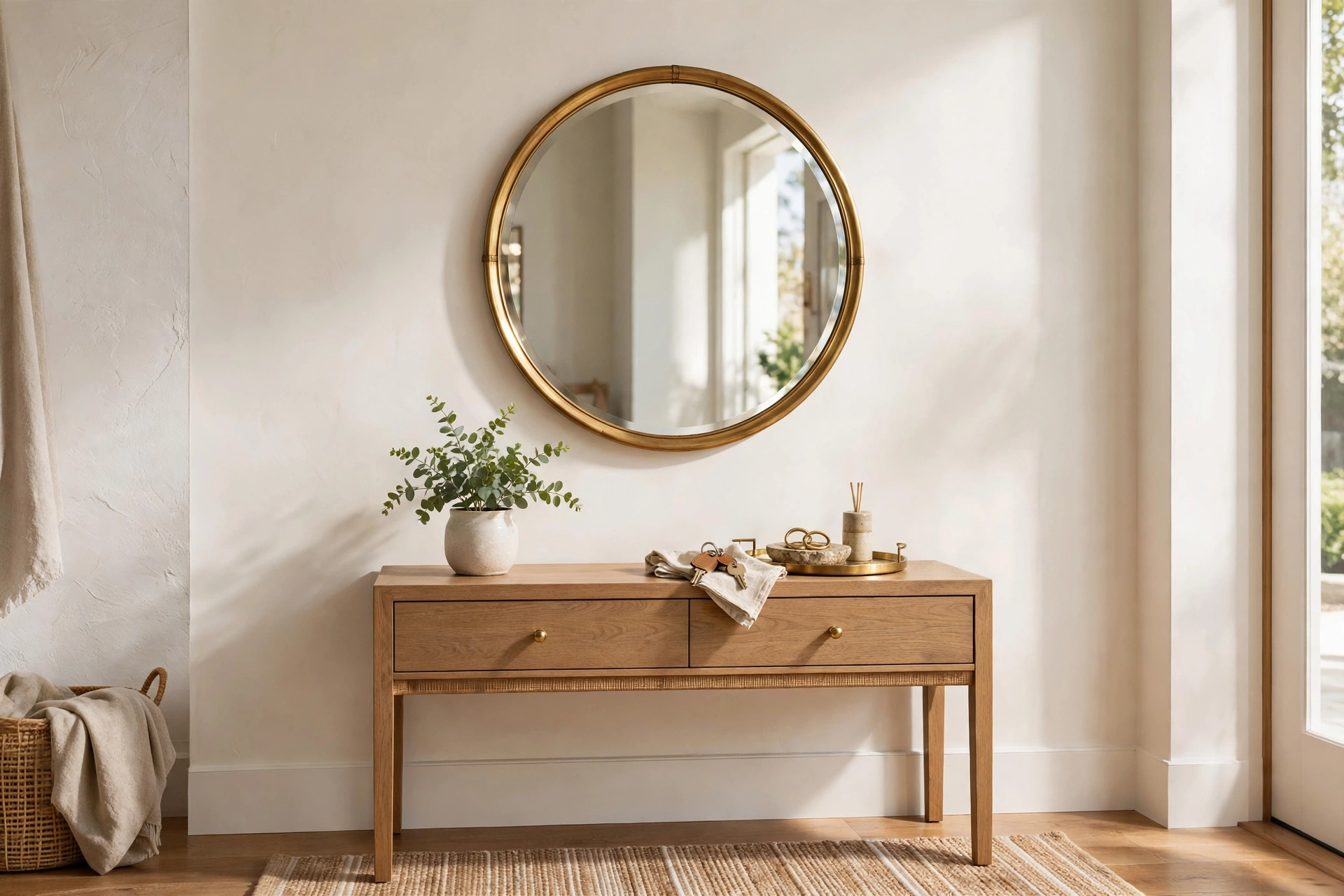 Round brass mirror hung above a console table in a bright entryway with natural light