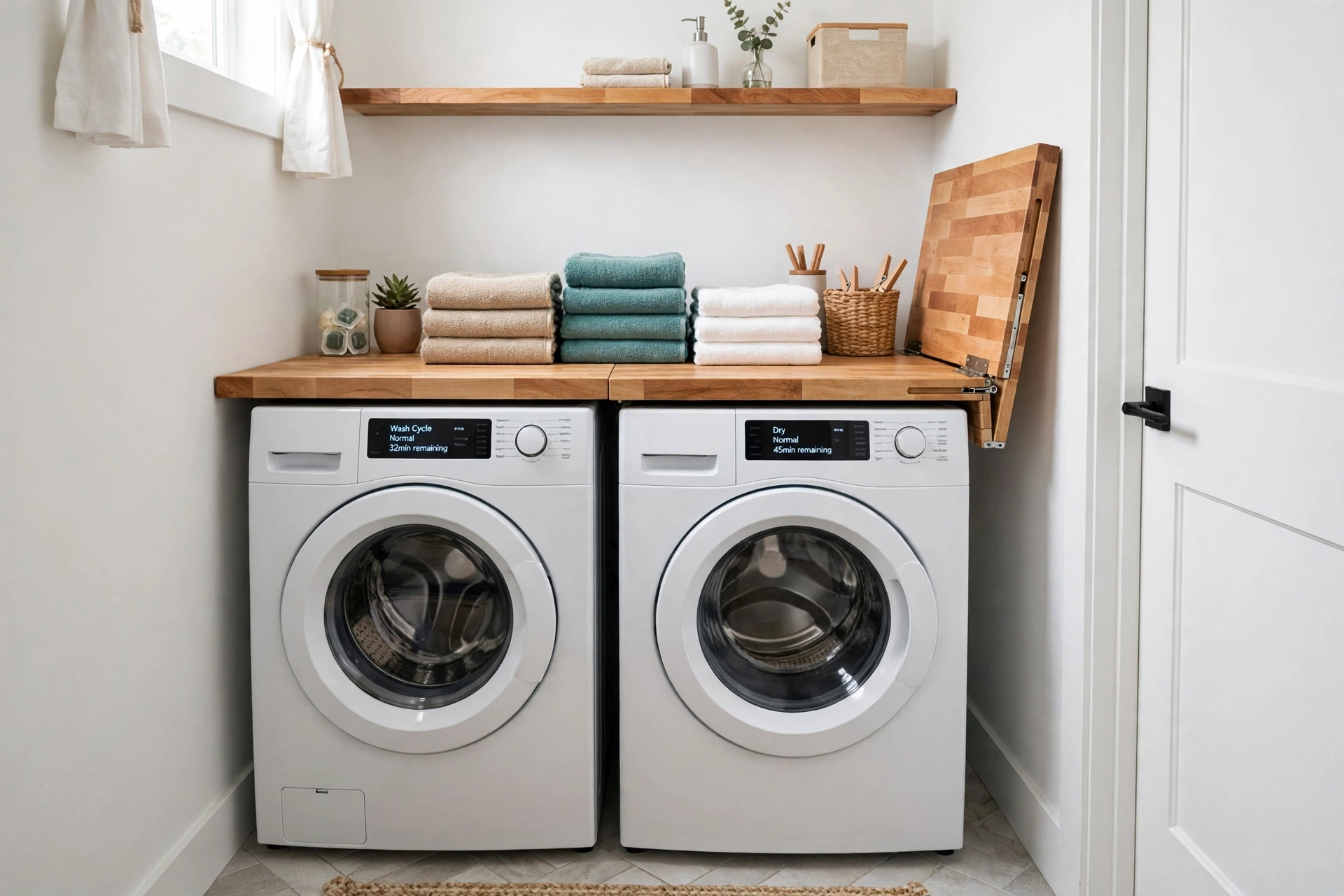 Side-by-side washer and dryer topped with a butcher block folding counter in a small laundry room