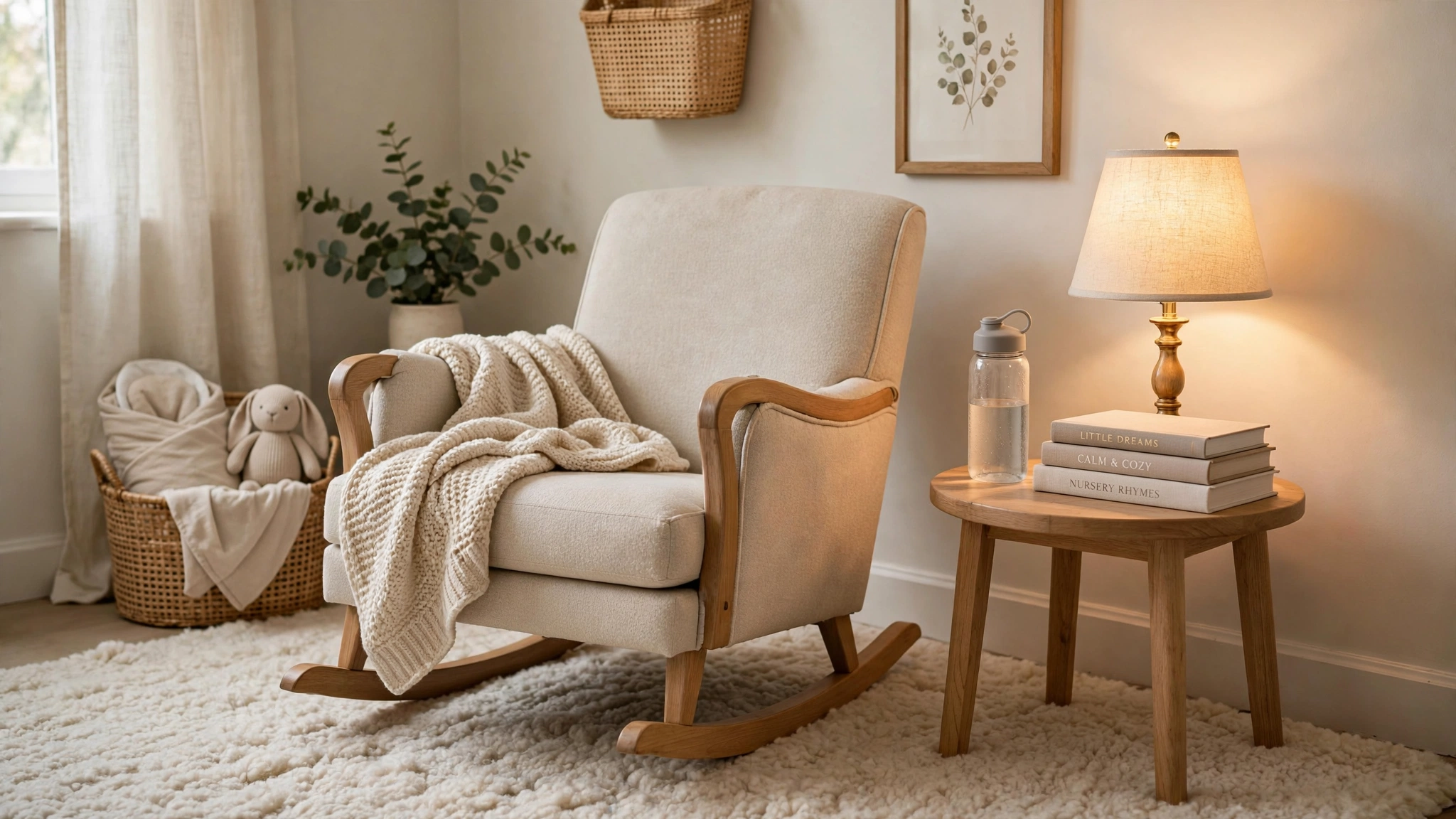 Cozy nursery glider rocker corner with side table, warm lamp and soft throw blanket
