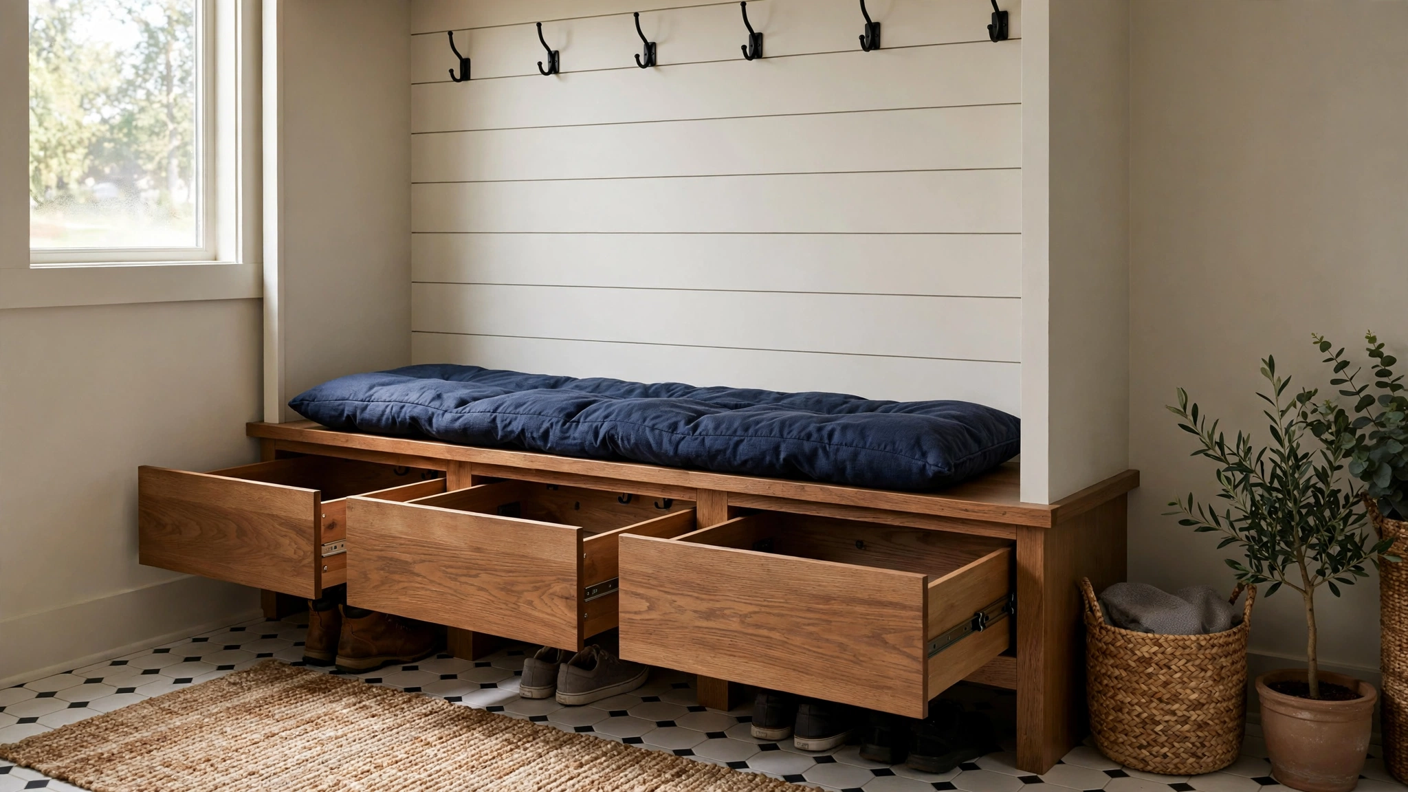 Mudroom bench with hidden storage drawers and a washable cushion in an organized entryway