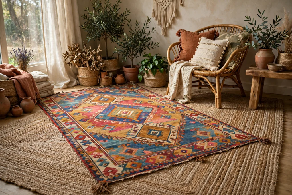Boho living room design ideas with layered patterned rugs over a natural jute base rug