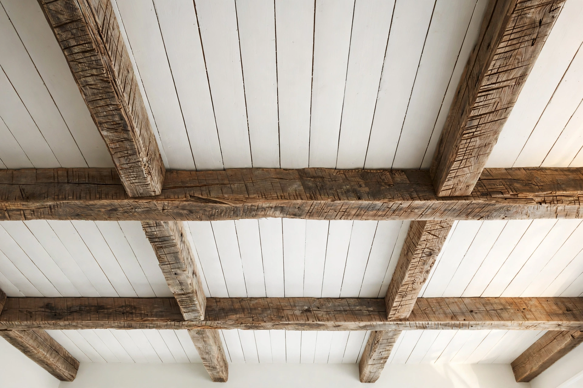 Exposed reclaimed wood ceiling beams with weathered patina in a farmhouse living room