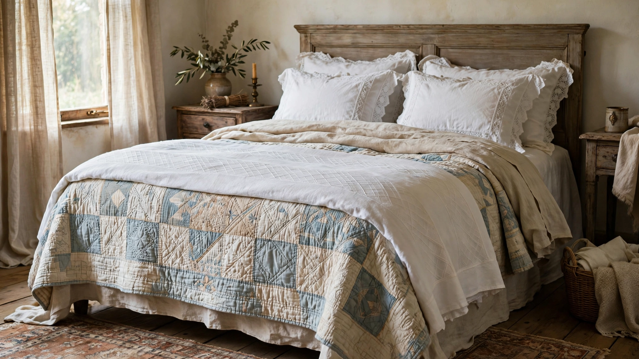 Vintage bedroom design ideas with layered quilts, linen sheets and lace-edged bedding
