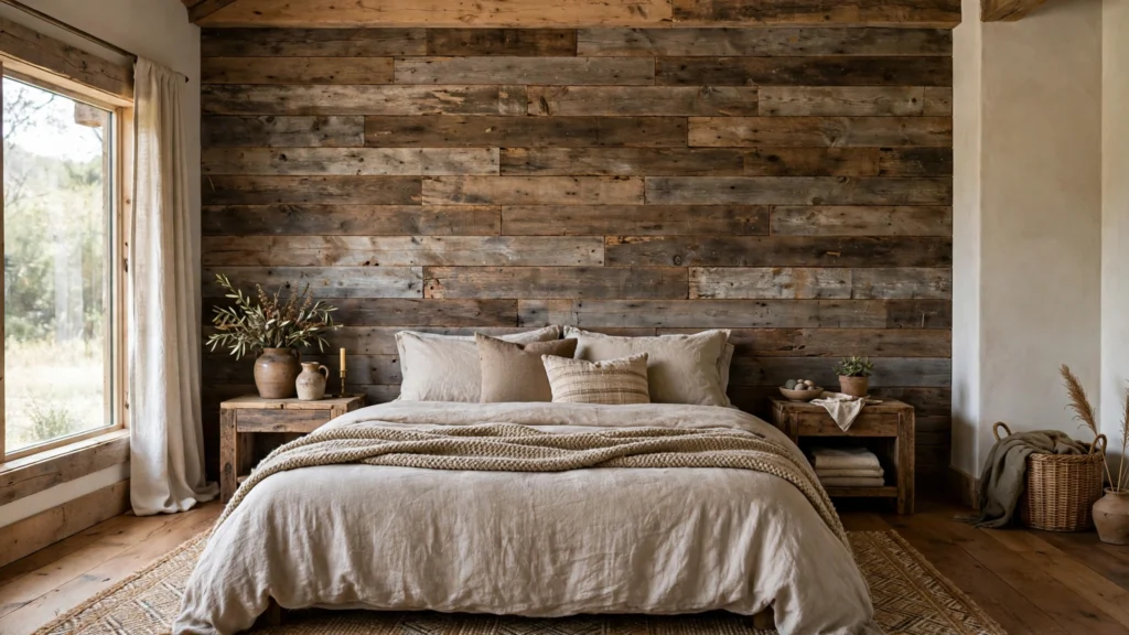 Rustic bedroom design ideas with a reclaimed barn-wood headboard wall behind the bed
