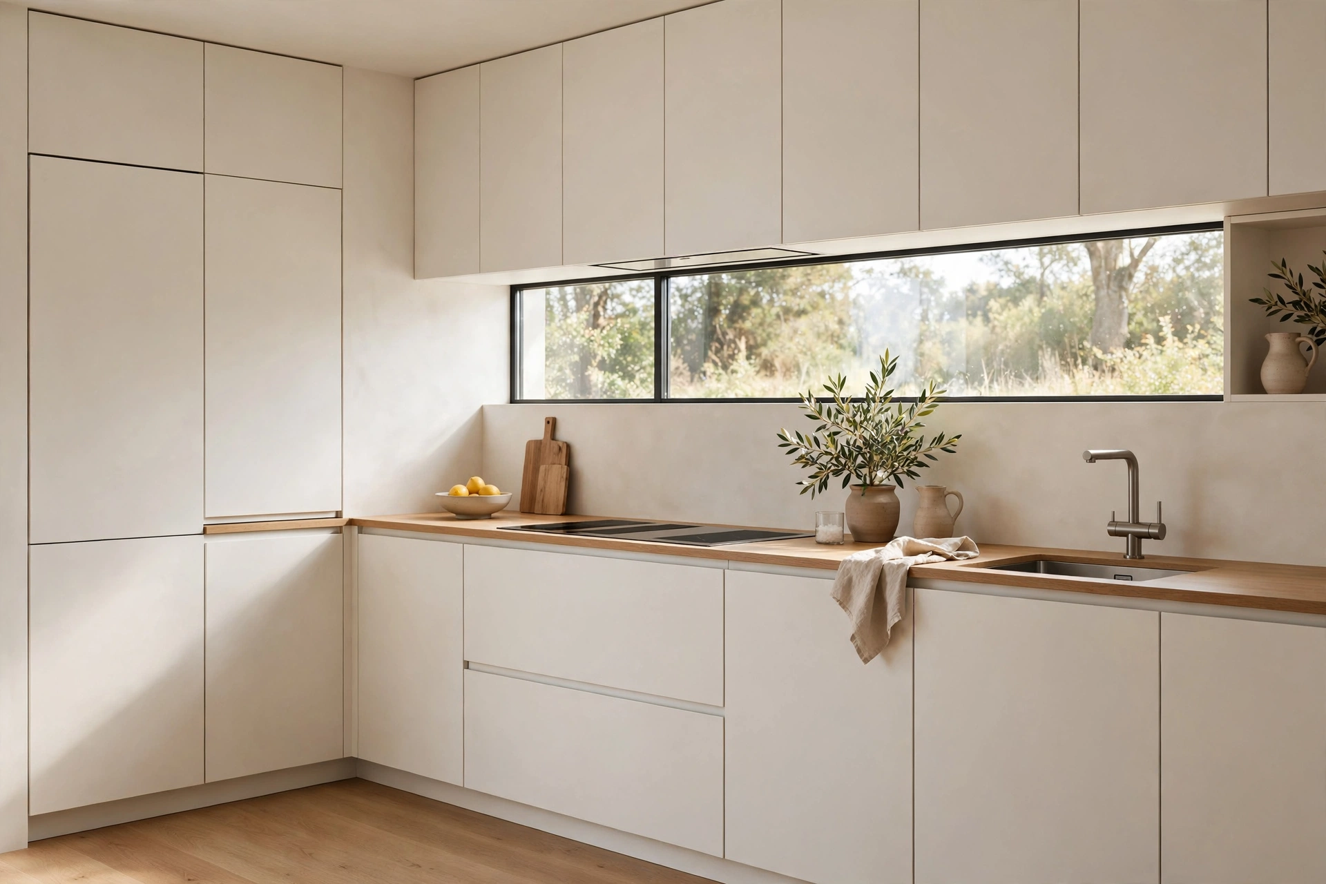 Minimalist kitchen design ideas with flat-front handleless cabinets in warm white