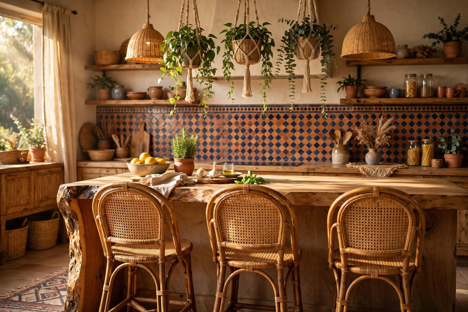 Boho kitchen design ideas with rattan cane counter stools tucked under a live-edge wooden island and hanging plants above