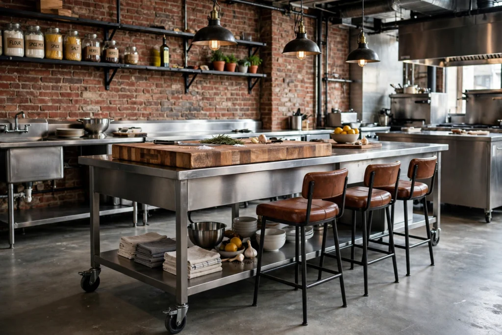 Industrial kitchen design ideas with a stainless steel work island on casters, butcher block cutting board and leather bar stools