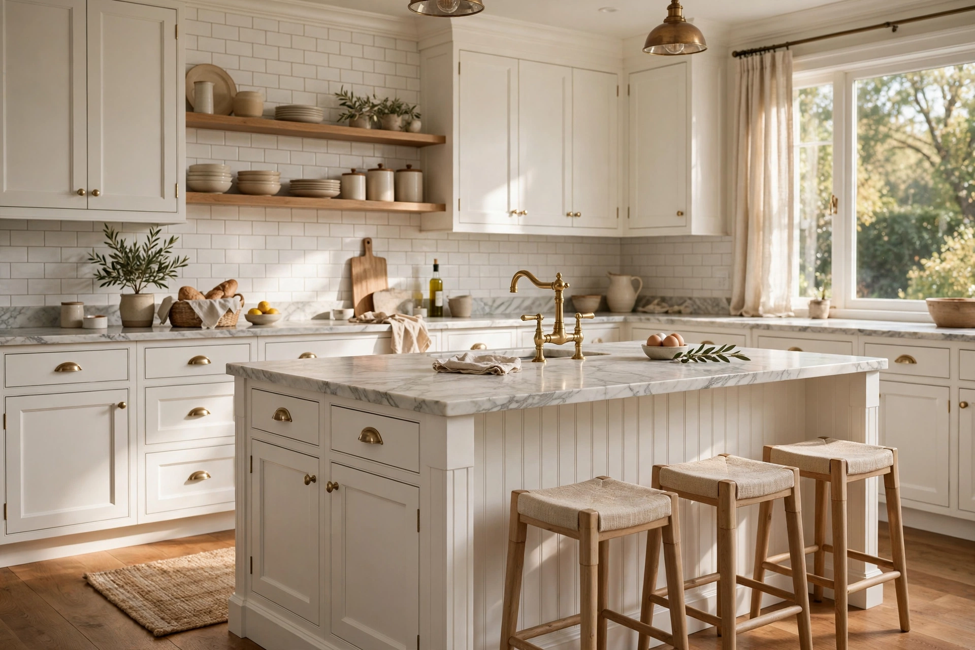 Traditional kitchen design ideas with Carrara marble countertops and soft natural veining on a large island