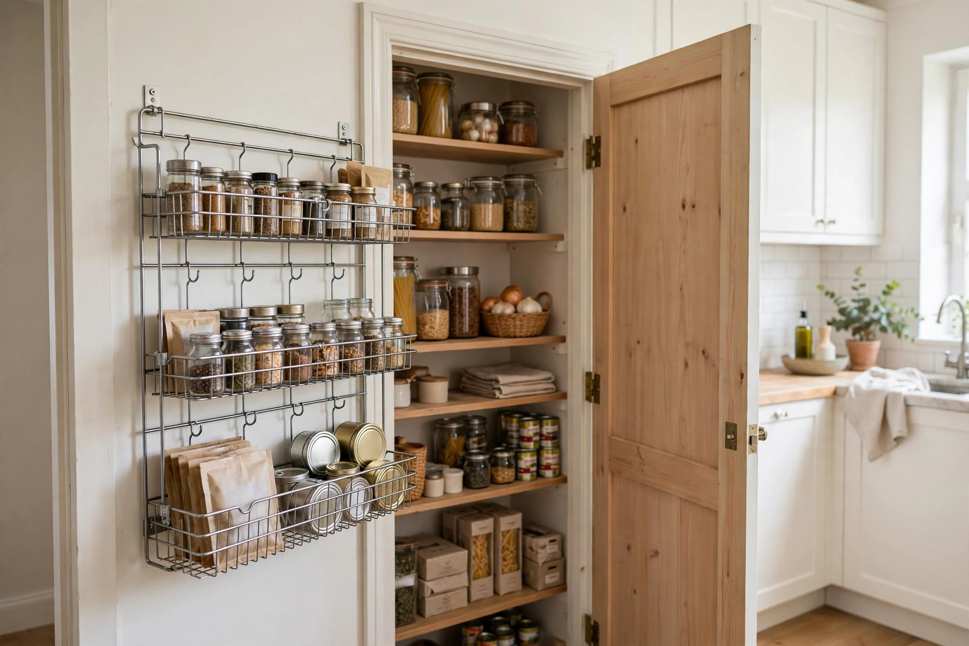 Over-the-door wire rack on a pantry door holding spices, packets and small jars in a small pantry