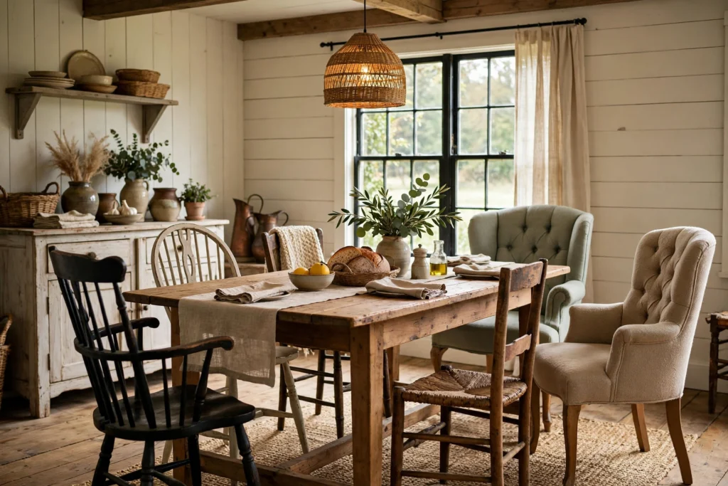 Farmhouse dining room with mismatched Windsor and vintage chairs around a wood table