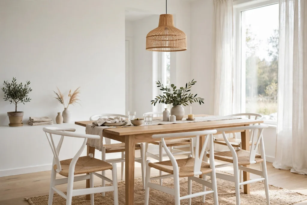 White wishbone-style dining chairs around a light wood table in a Scandinavian dining room