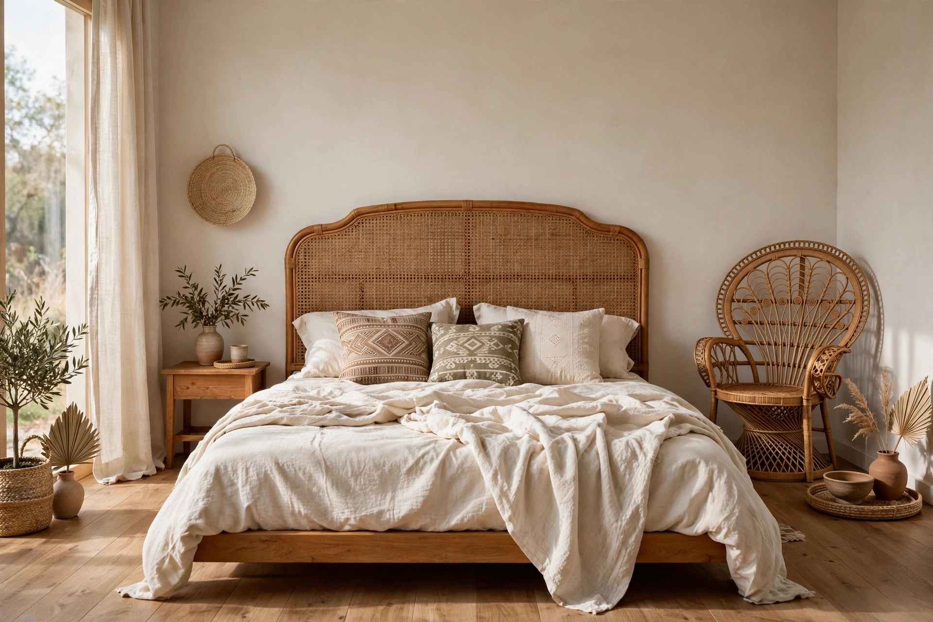 Woven rattan headboard and peacock chair in a warm boho bedroom