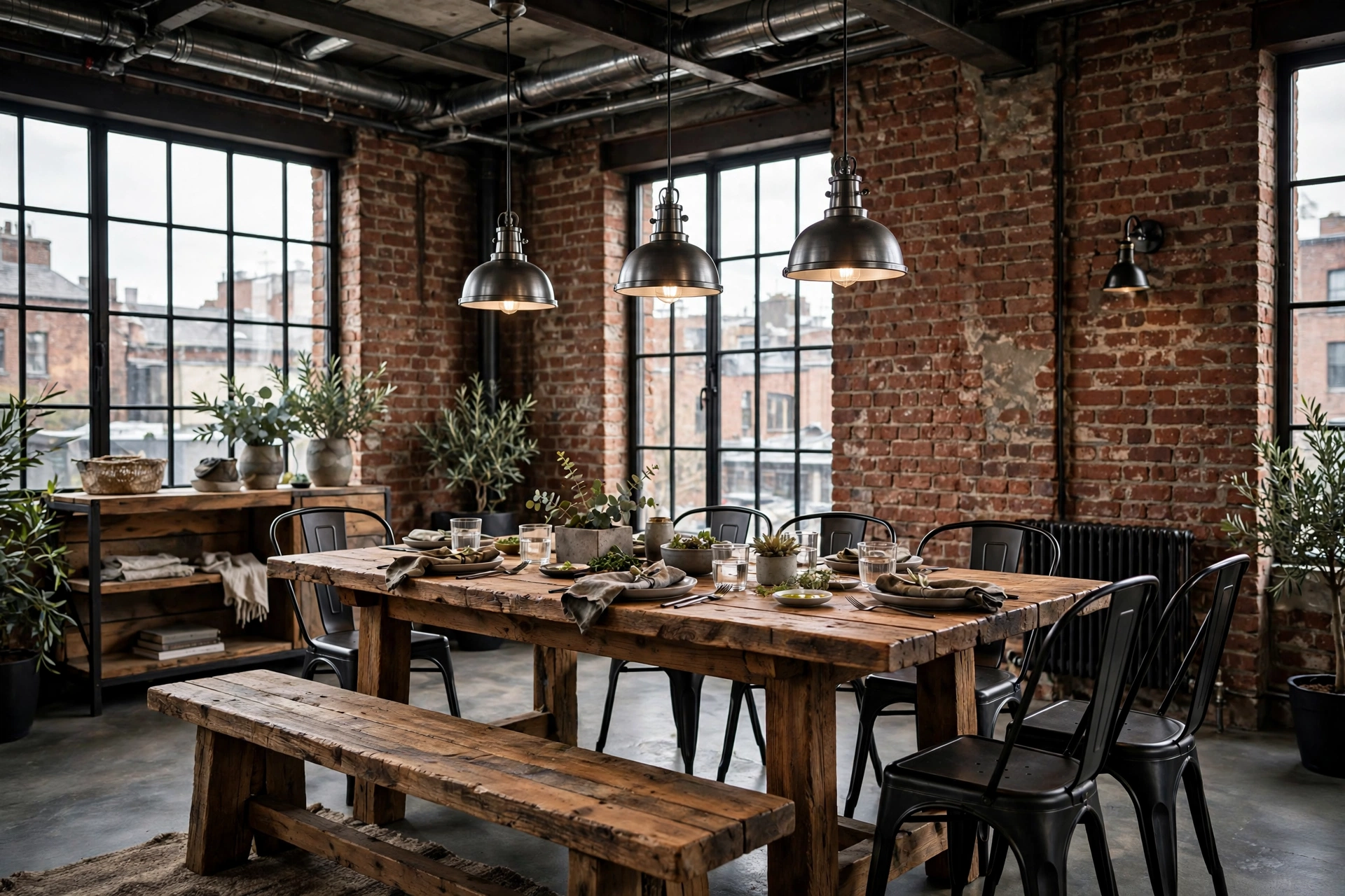 Black metal Tolix-style chairs mixed around a wood table in an industrial dining room