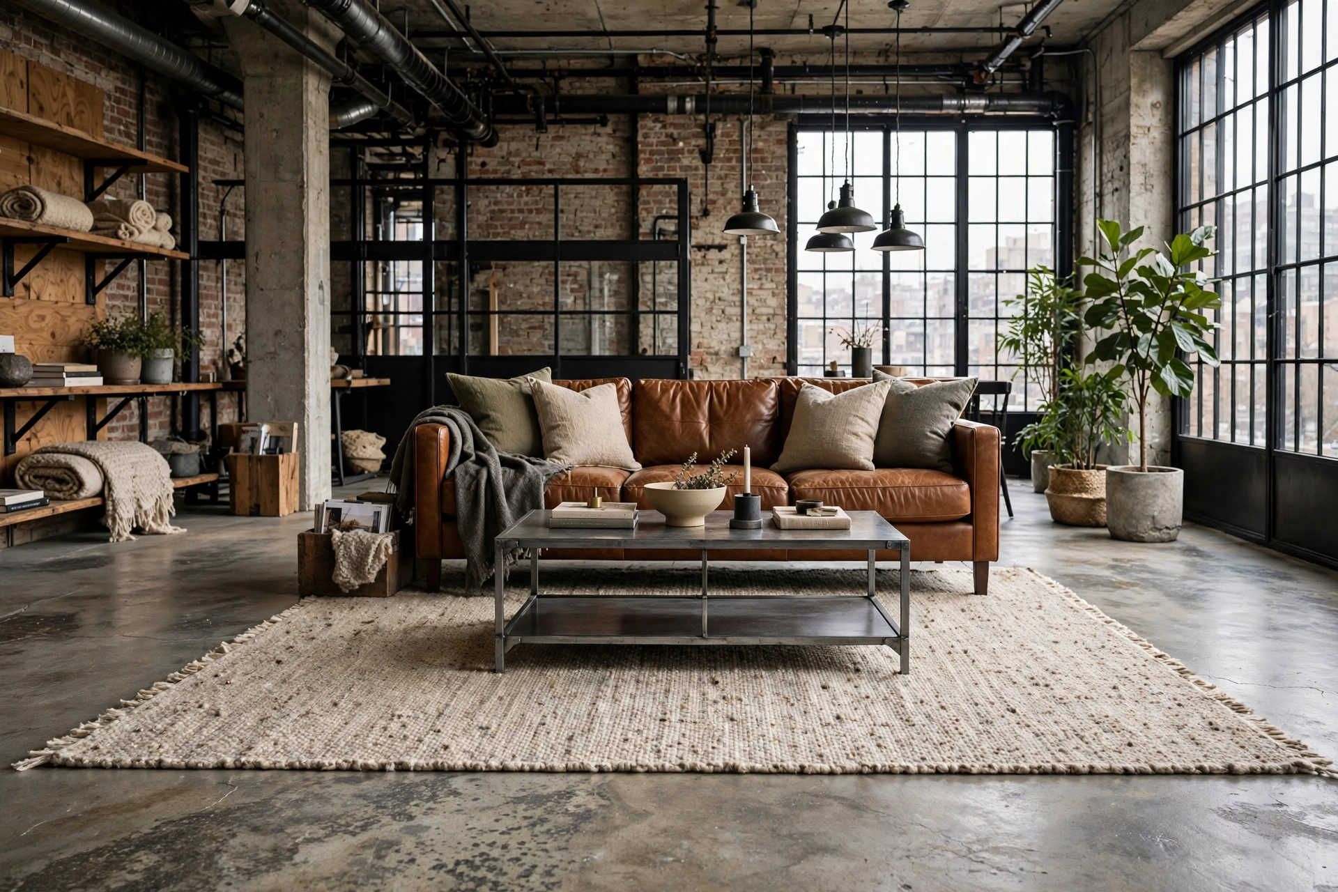 Polished concrete floor with large area rug in an industrial living room