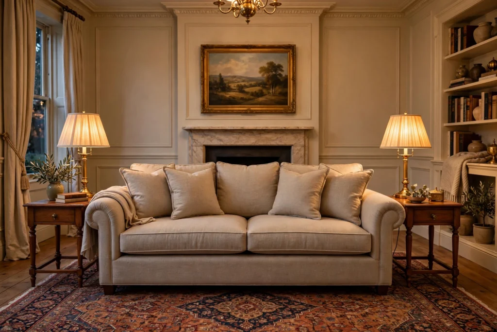Traditional living room design ideas with a classic rolled-arm sofa in rich neutral upholstery