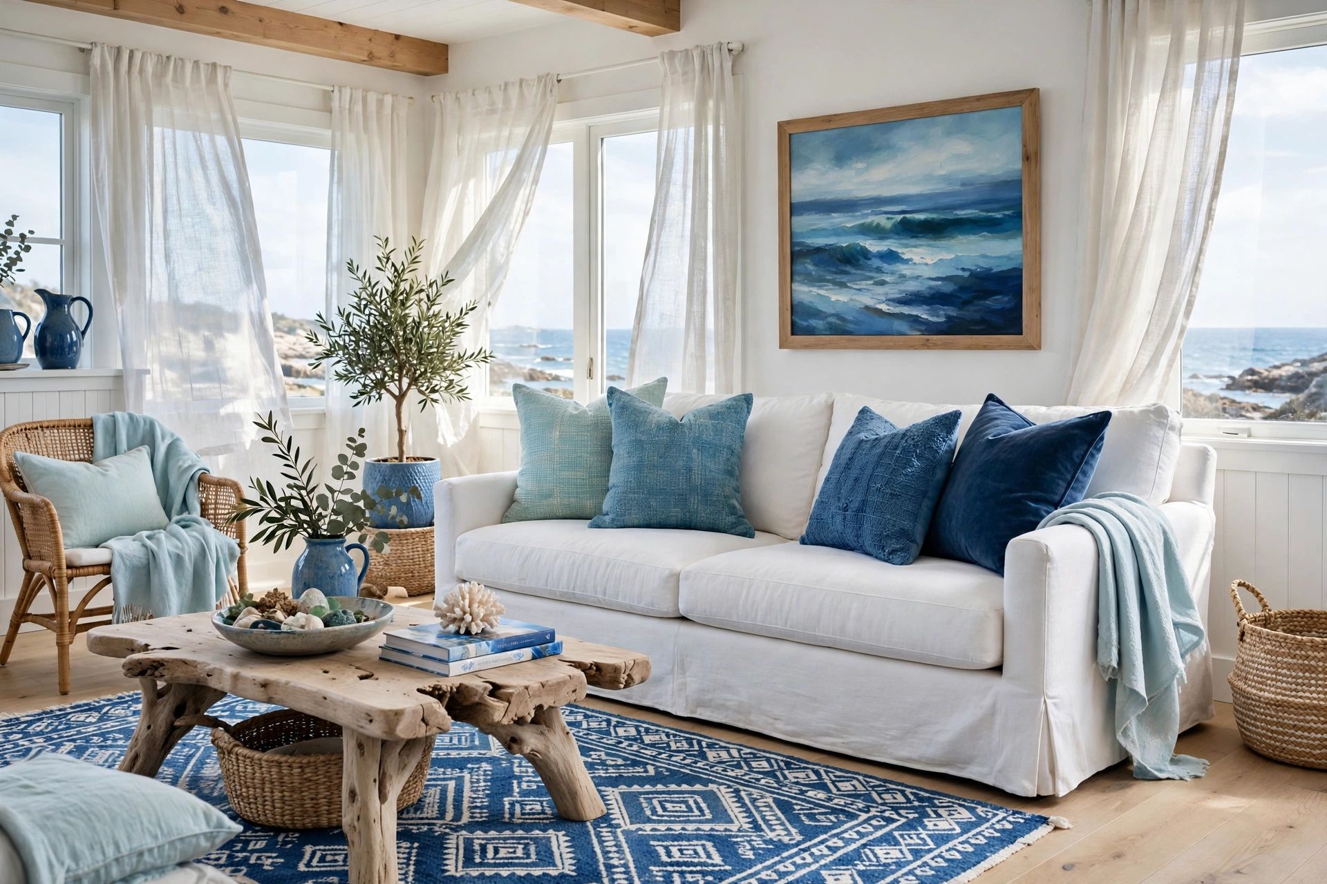 Coastal living room design ideas layering sea-inspired blues from aqua to deep navy