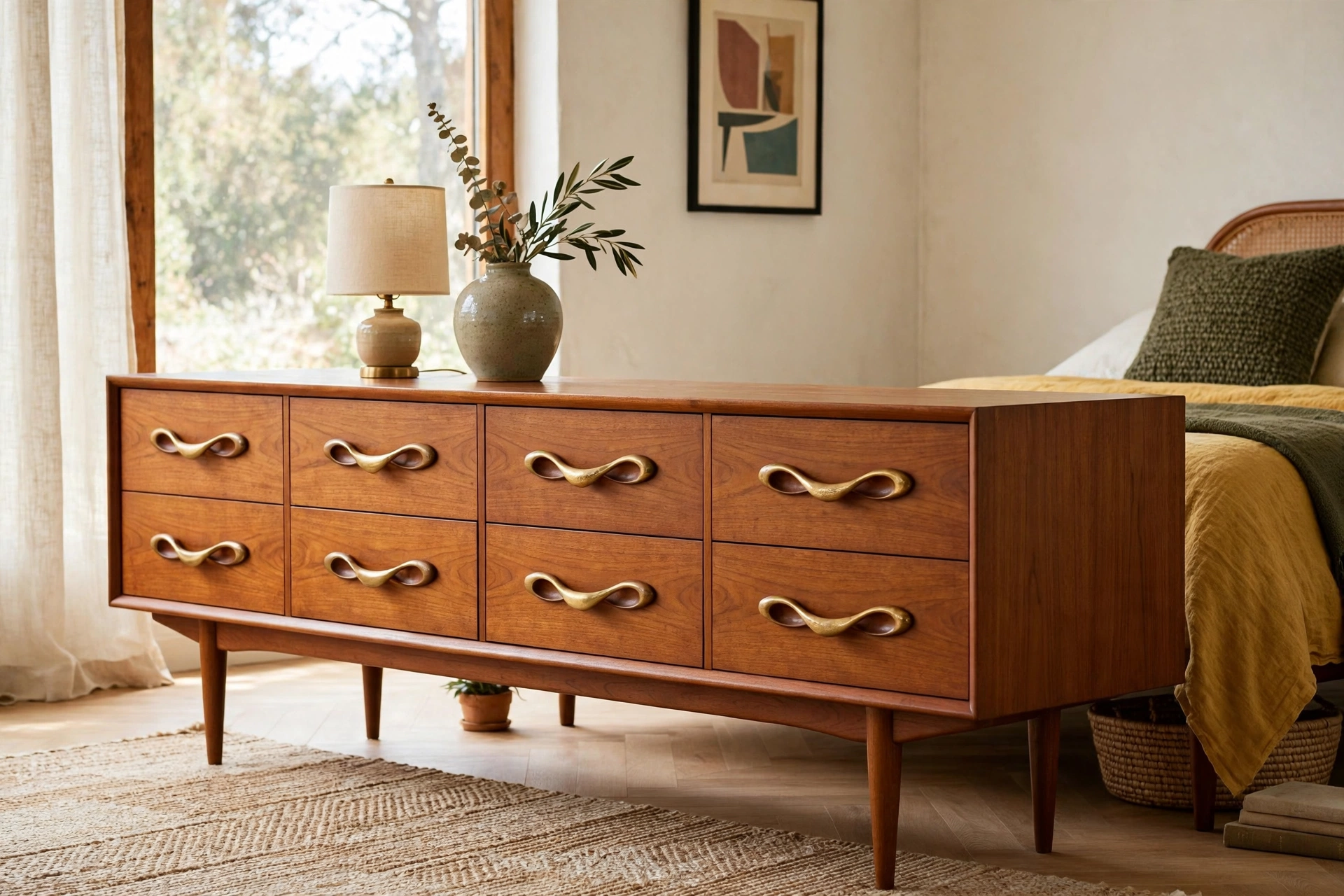Long low teak dresser with sculpted drawer pulls and tapered legs in a mid-century modern bedroom