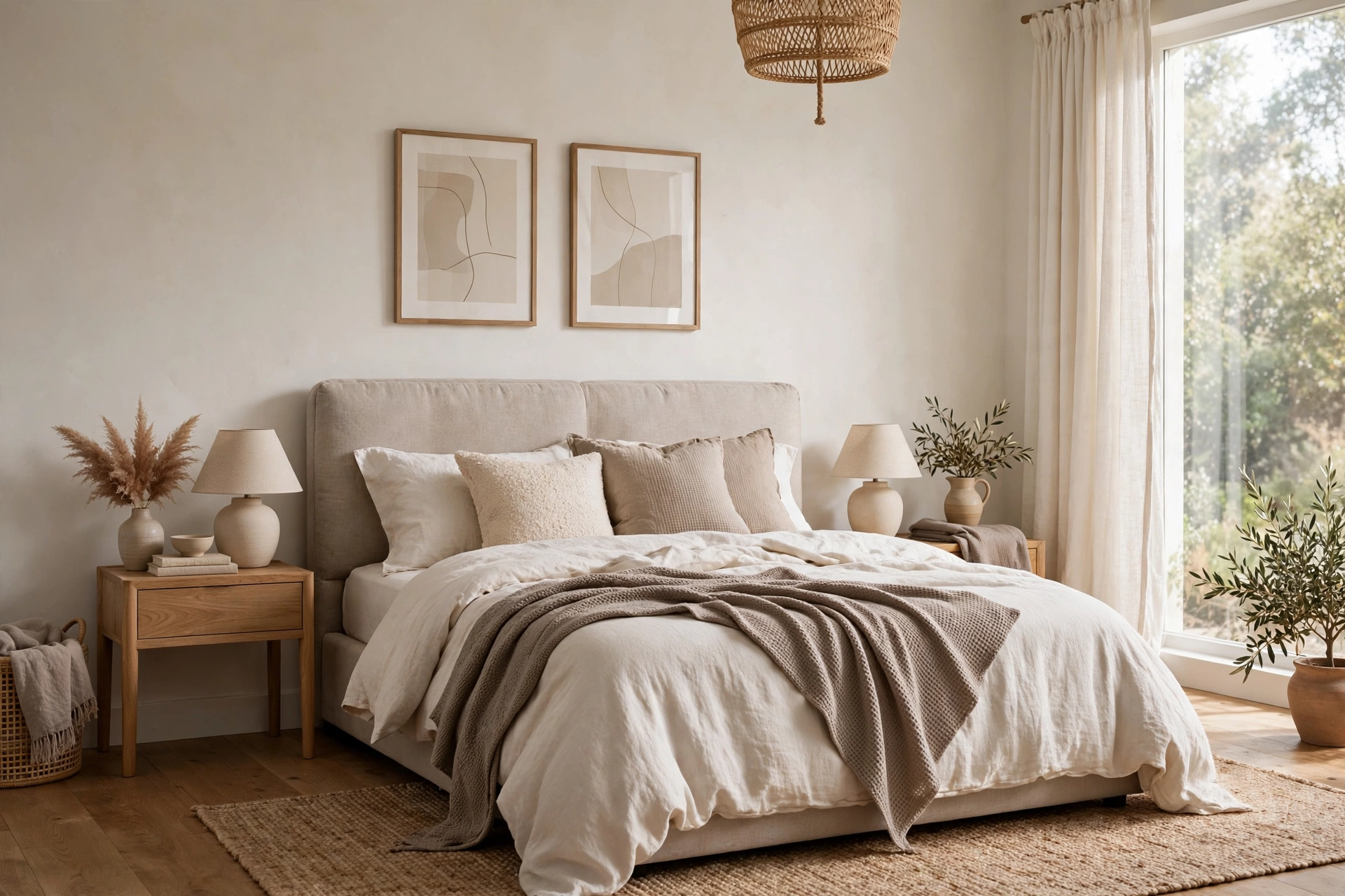Contemporary bedroom layered in warm white, greige and taupe neutrals with soft textures