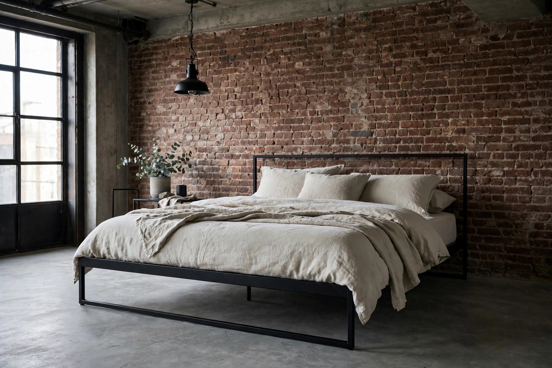 Black metal platform bed frame with clean lines and soft neutral linen bedding