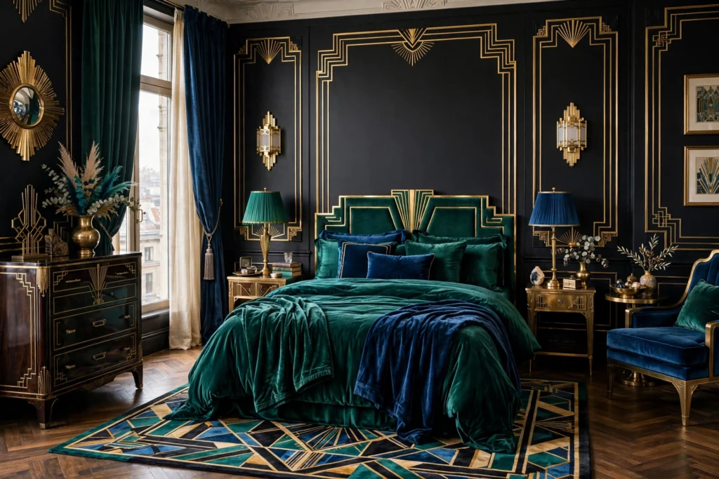 Art deco bedroom design ideas with black walls, gold trim and jewel-toned velvet bedding