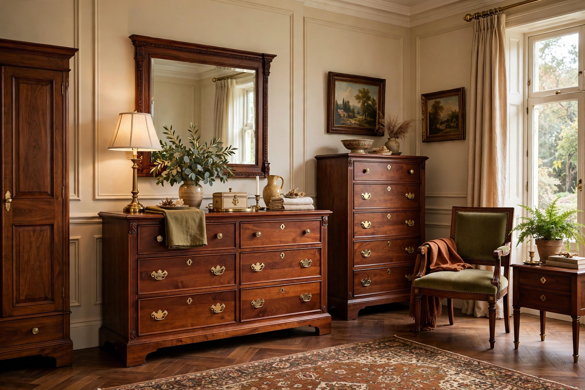 Traditional bedroom design ideas with cherry and walnut wood furniture and brass hardware