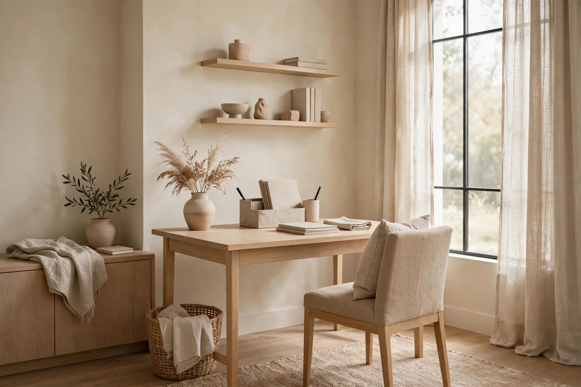 Japandi home office in warm neutral tones: beige, greige, oatmeal and clay