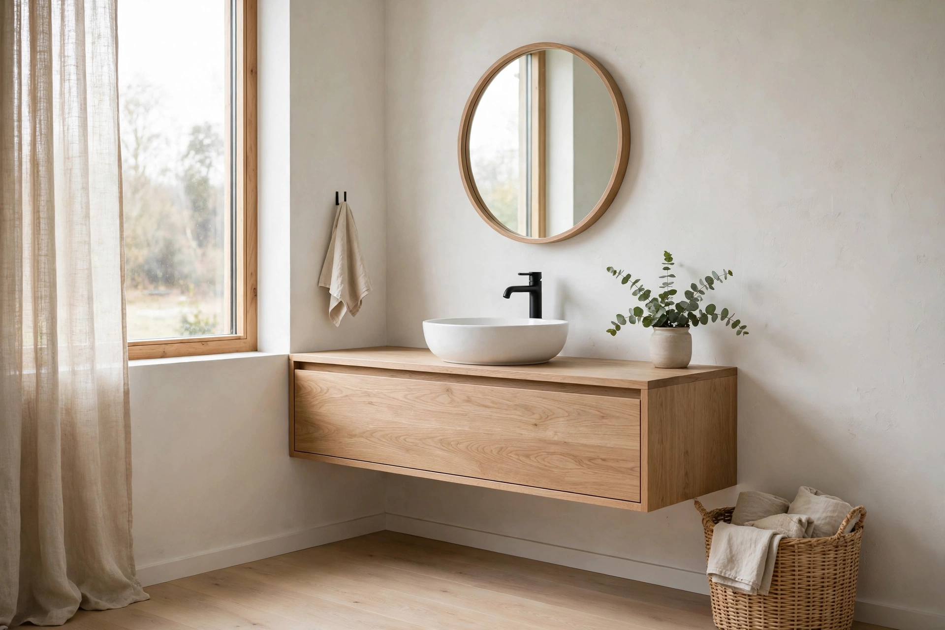 Scandinavian bathroom design ideas with a floating light oak vanity and vessel sink