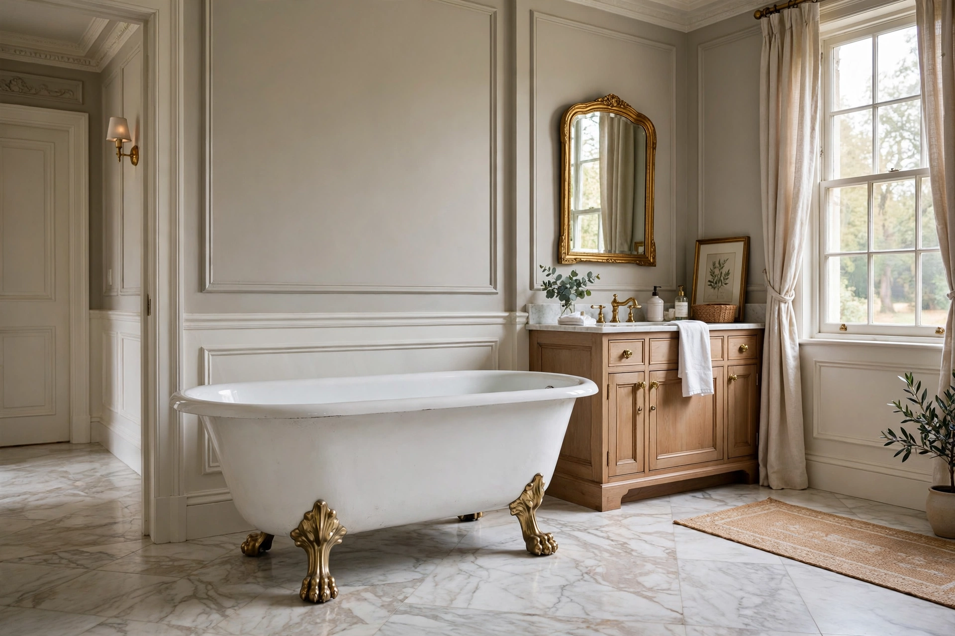 Freestanding white clawfoot tub with lion's paw feet in an elegant traditional bathroom