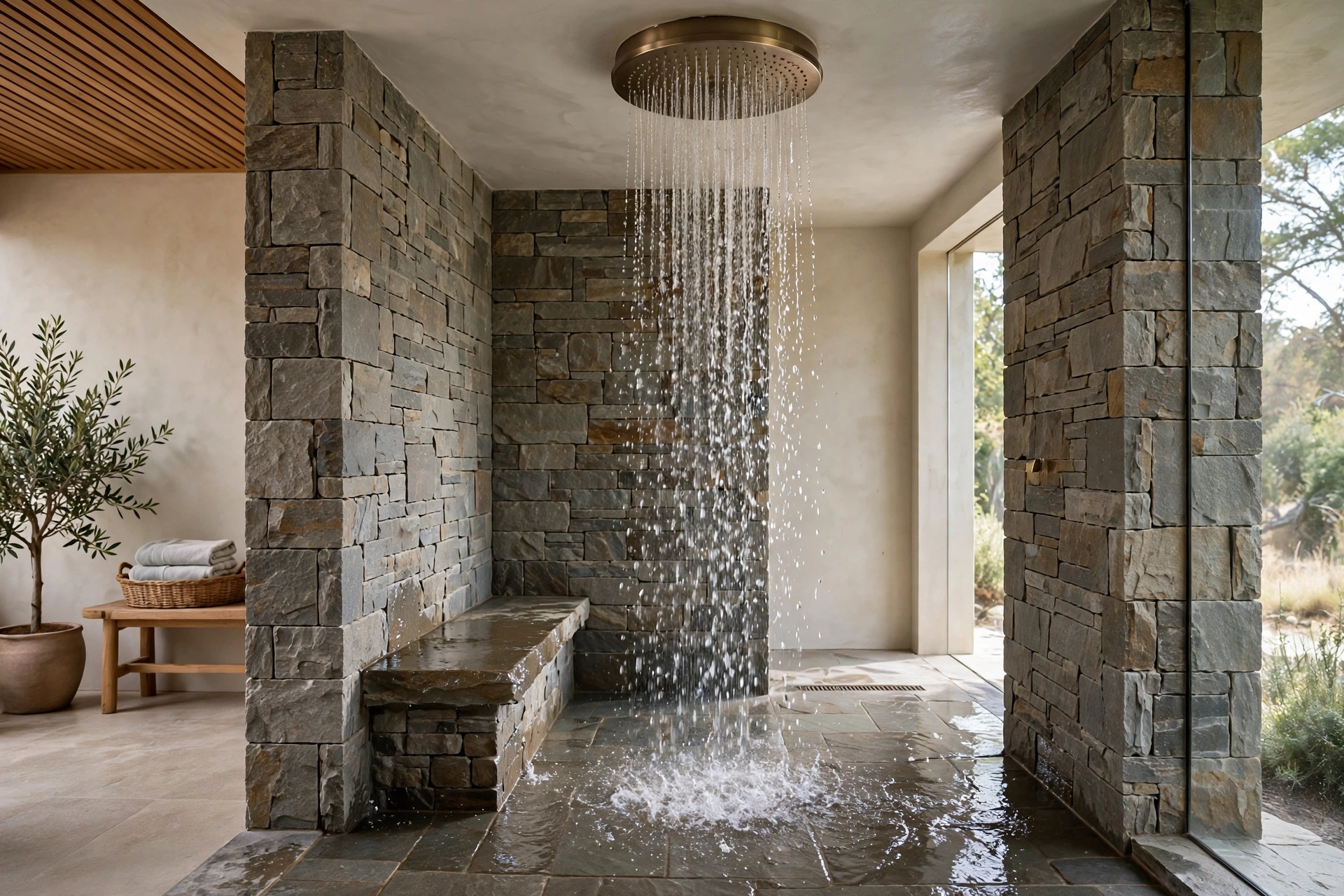 Large ceiling-mounted rain shower head streaming water in a spa-like walk-in shower