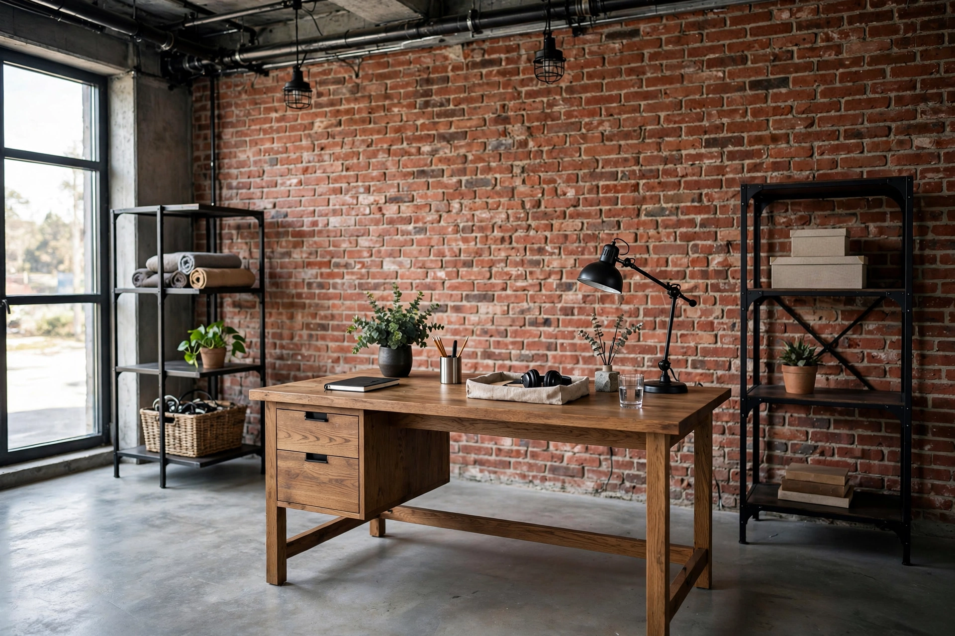 Industrial home office with exposed brick feature wall behind the desk