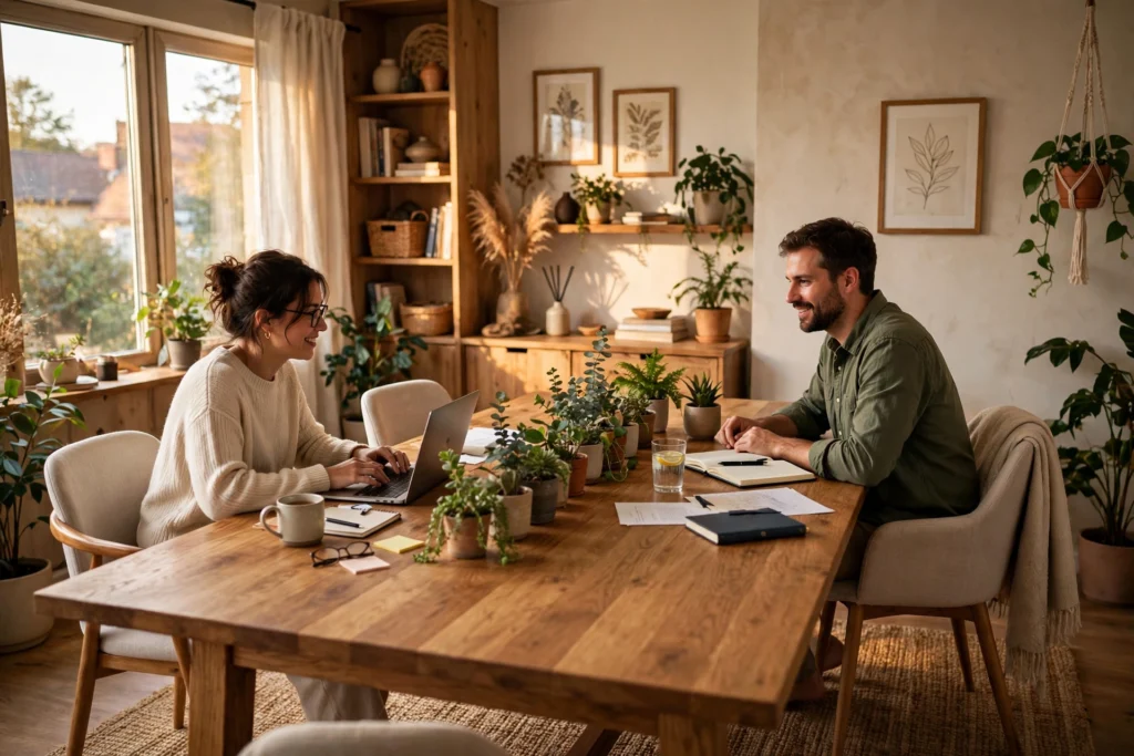 Face-to-face partner desks with plants divider in a shared home office