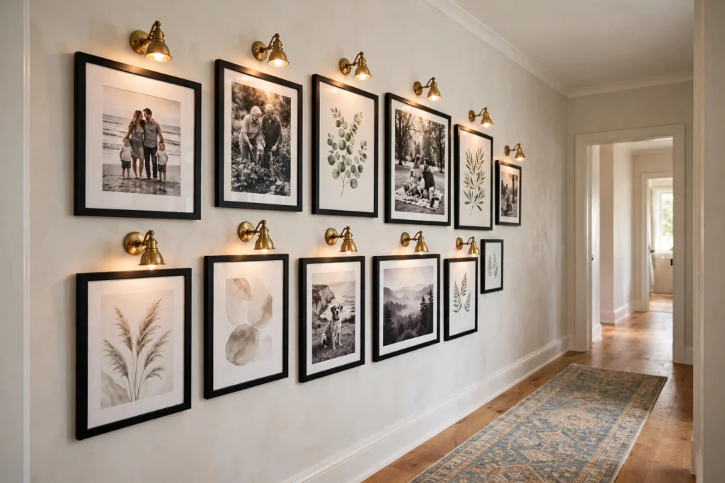 Hallway gallery wall of mixed black frames with art and family photos