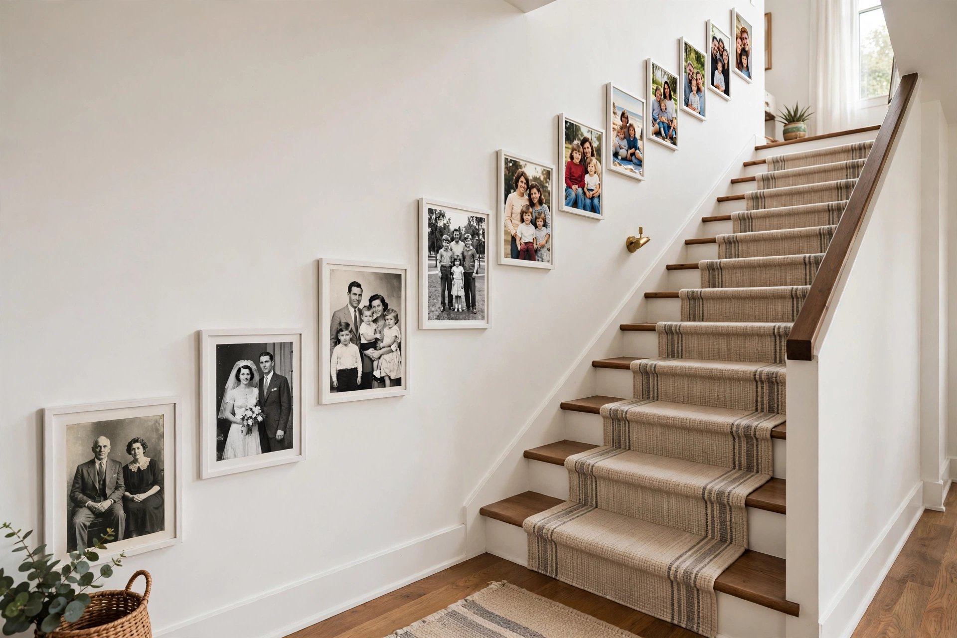 Chronological family photo timeline in matching frames climbing up a staircase wall from bottom to top