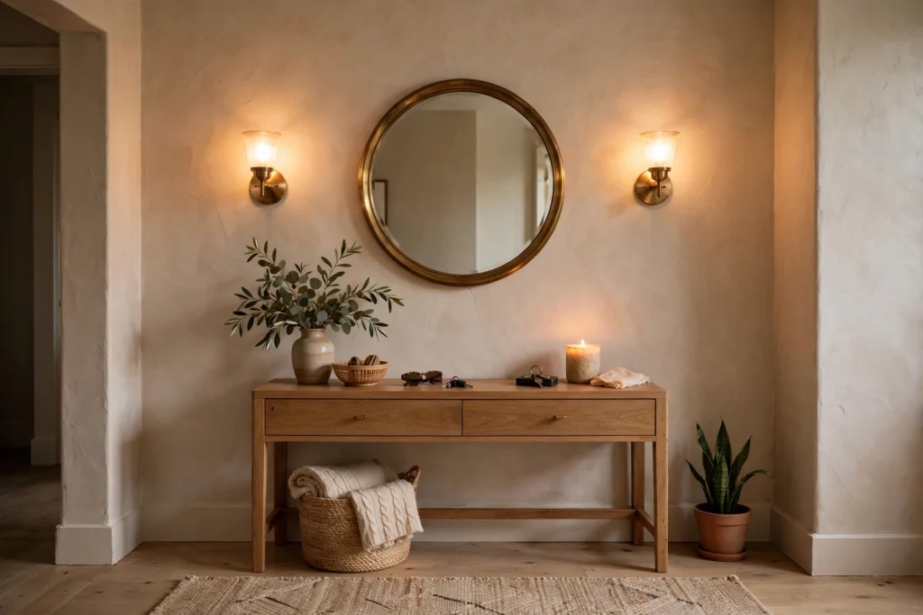 Entryway lighting ideas with warm wall sconces flanking a round mirror above a console