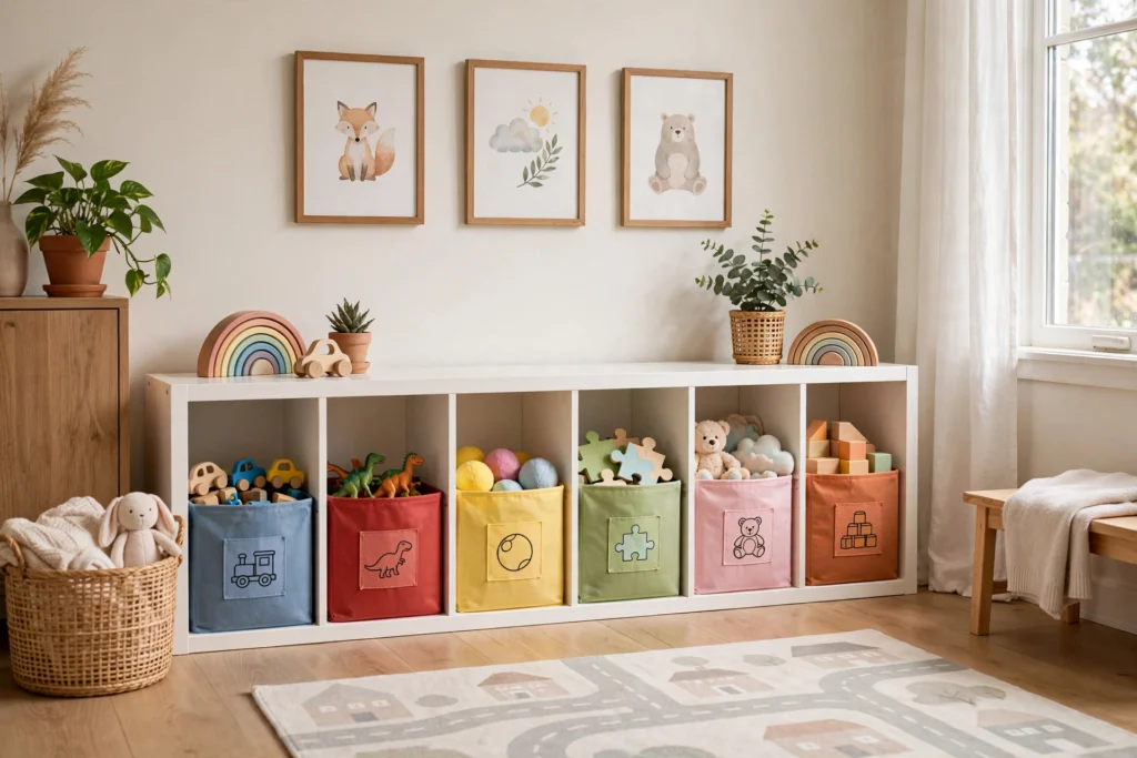 Playroom design ideas with low open cube shelving and labeled bins at kid height
