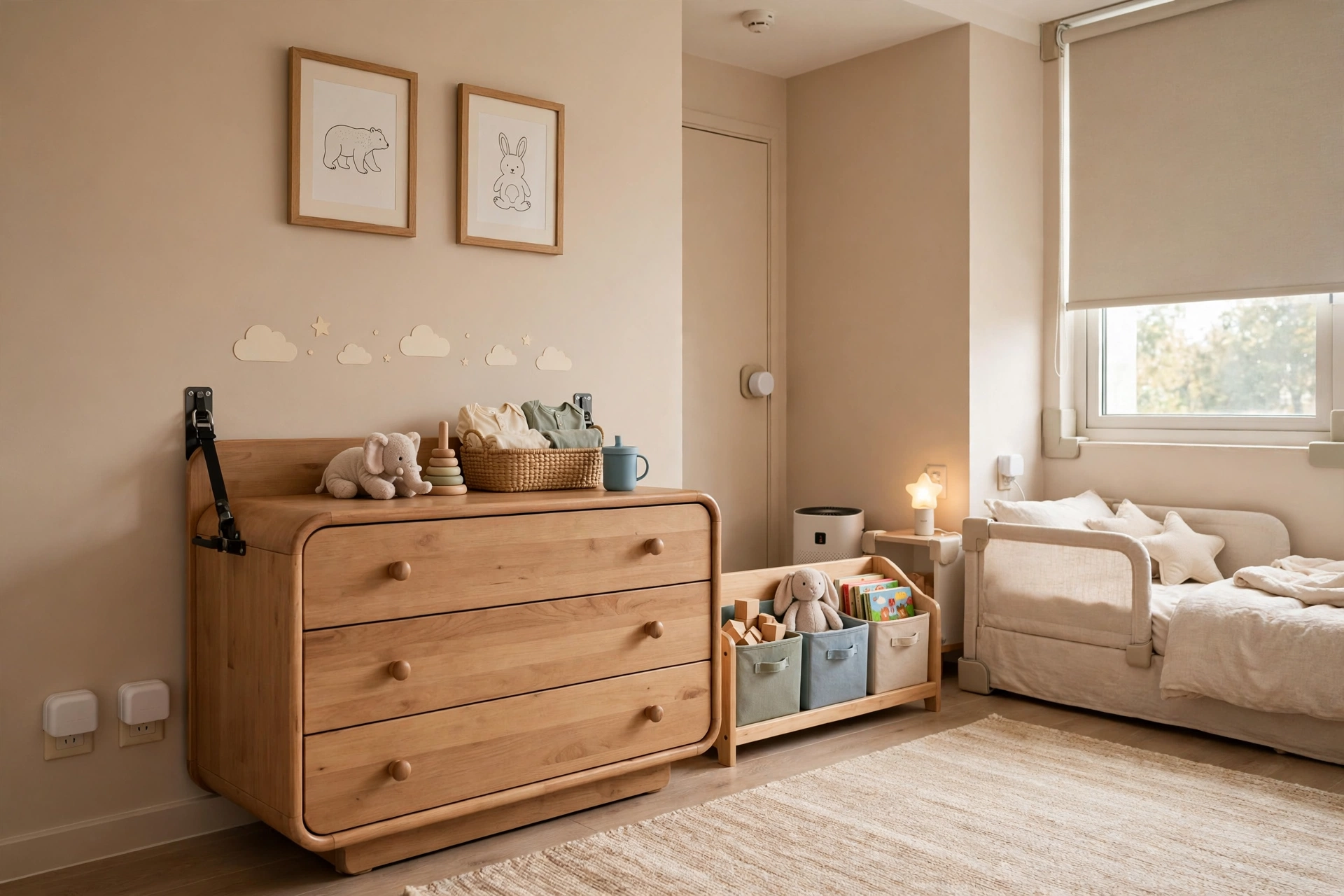 Toddler bedroom design ideas with wall-anchored dresser and secure safe furniture